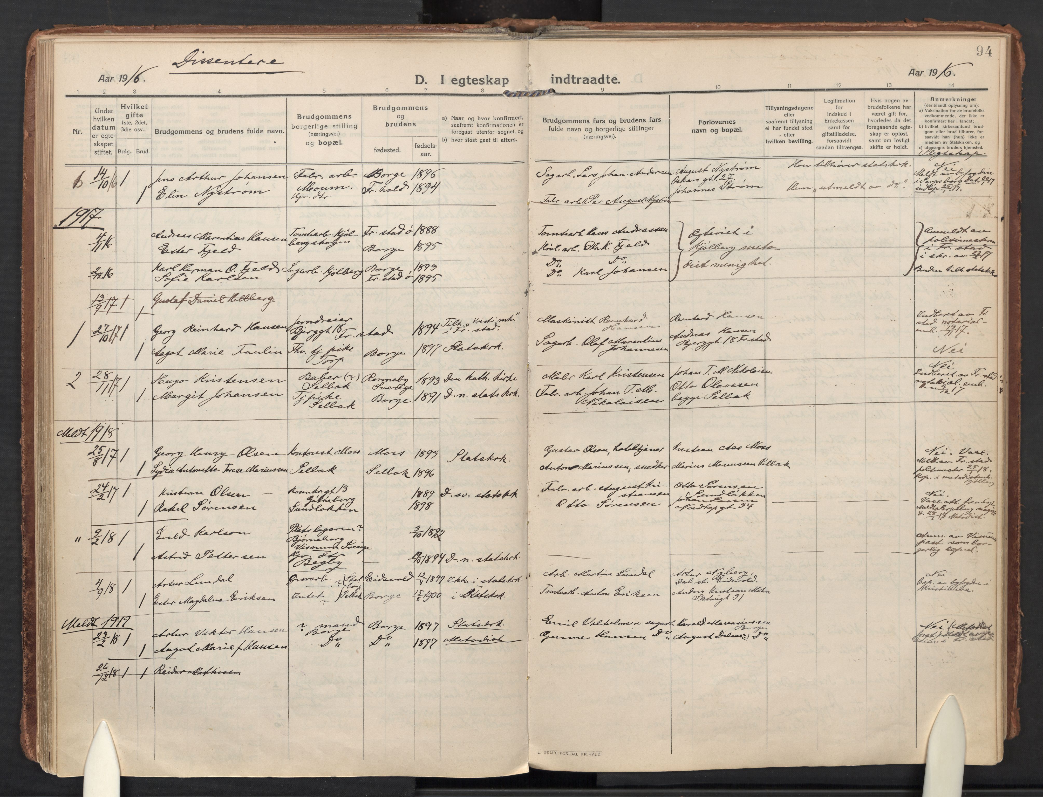 Borge prestekontor Kirkebøker, AV/SAO-A-10903/F/Fa/L0012: Ministerialbok nr. I 12, 1912-1955, s. 94
