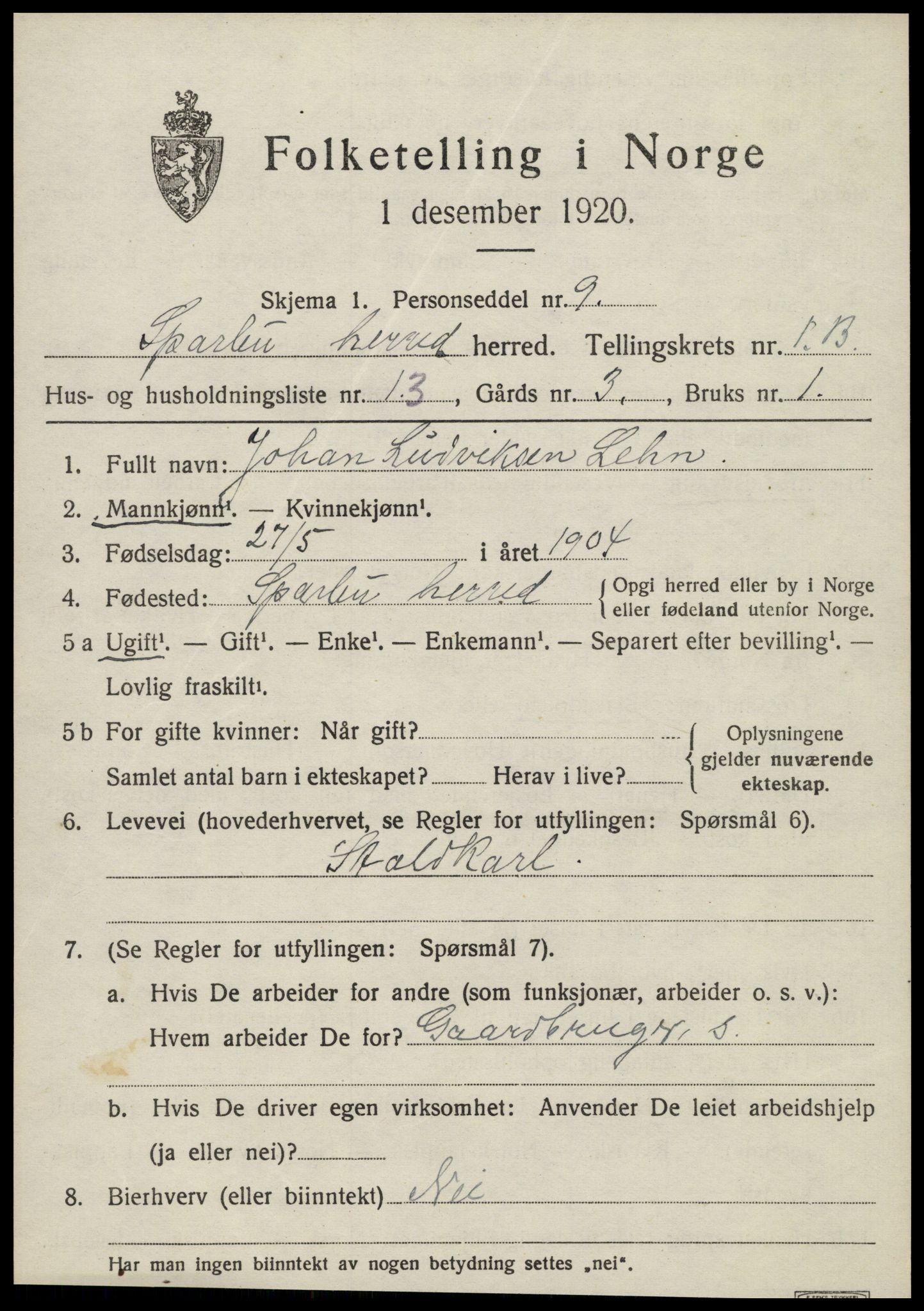 SAT, Folketelling 1920 for 1731 Sparbu herred, 1920, s. 2085