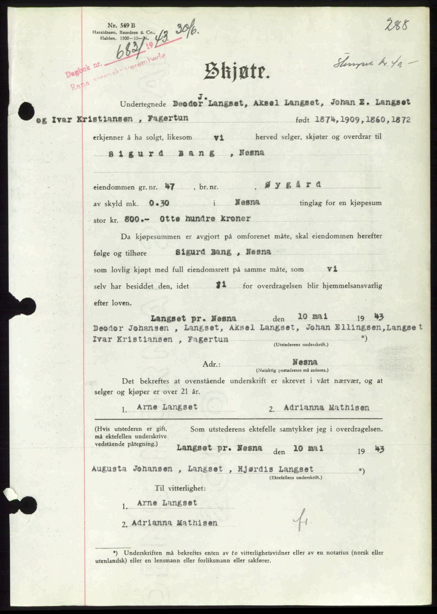 Rana sorenskriveri , SAT/A-1108/1/2/2C: Pantebok nr. A 10, 1942-1943, Dagboknr: 683/1943
