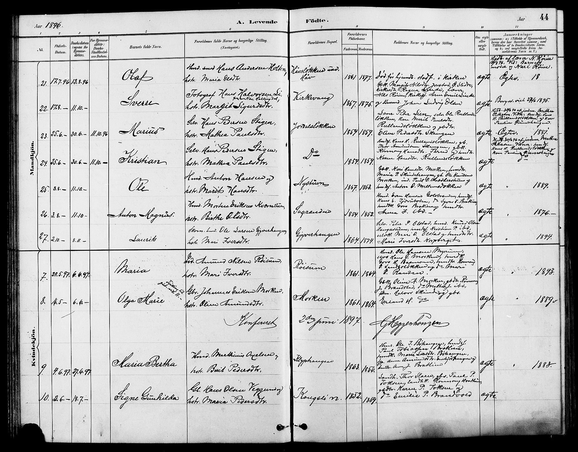 Nord-Fron prestekontor, AV/SAH-PREST-080/H/Ha/Hab/L0004: Klokkerbok nr. 4, 1884-1914, s. 44