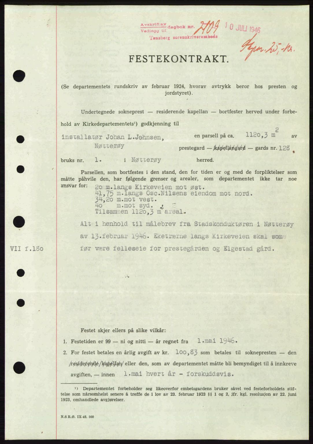 Tønsberg sorenskriveri, SAKO/A-130/G/Ga/Gaa/L0019: Pantebok nr. A19, 1946-1946, Dagboknr: 2109/1946
