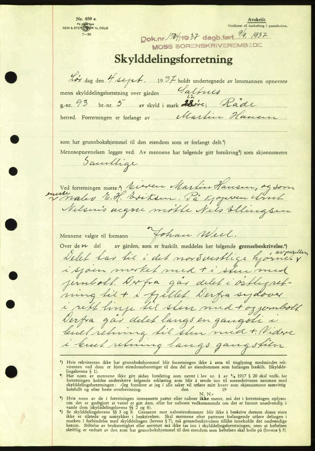 Moss sorenskriveri, SAO/A-10168: Pantebok nr. A3, 1937-1938, Dagboknr: 1504/1937
