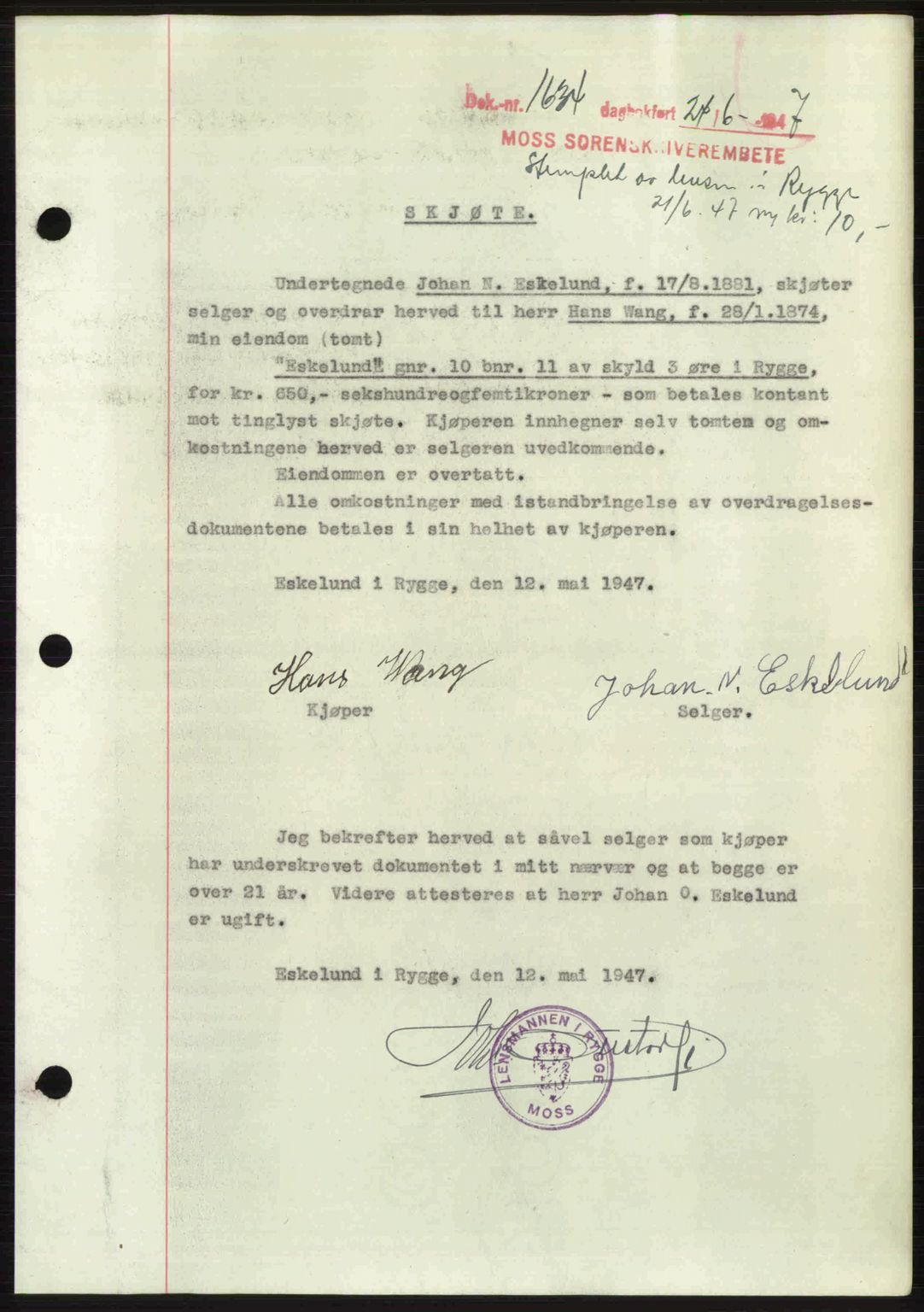 Moss sorenskriveri, SAO/A-10168: Pantebok nr. A17, 1947-1947, Dagboknr: 1634/1947