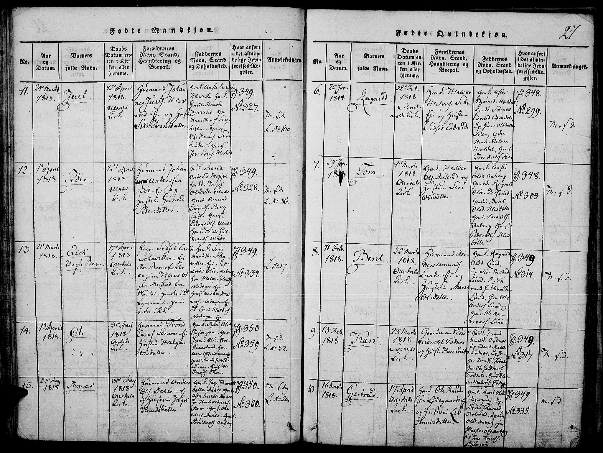 Nord-Aurdal prestekontor, SAH/PREST-132/H/Ha/Haa/L0002: Ministerialbok nr. 2, 1816-1828, s. 27