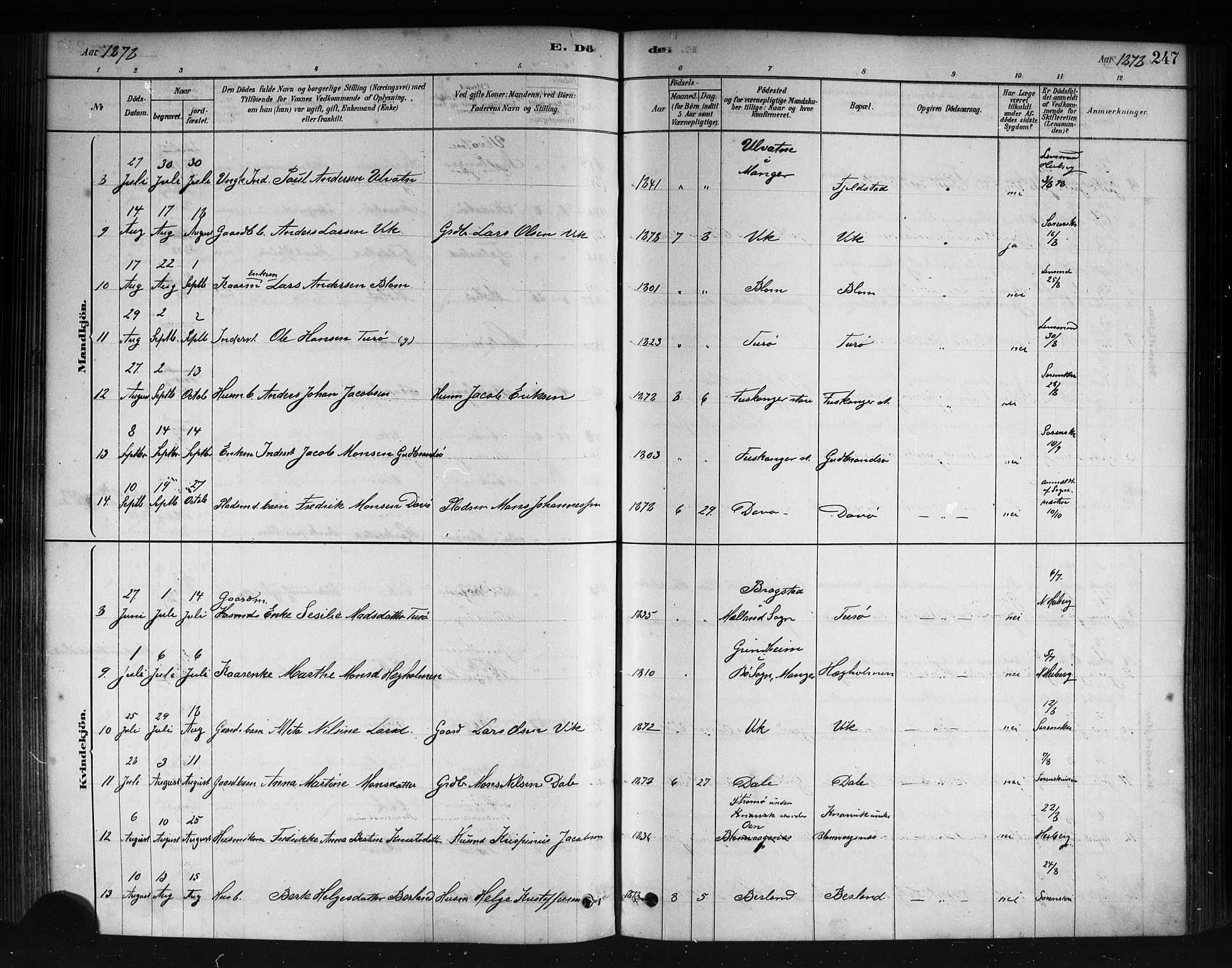 Herdla Sokneprestembete, AV/SAB-A-75701/H/Haa: Ministerialbok nr. A 3, 1878-1890, s. 247