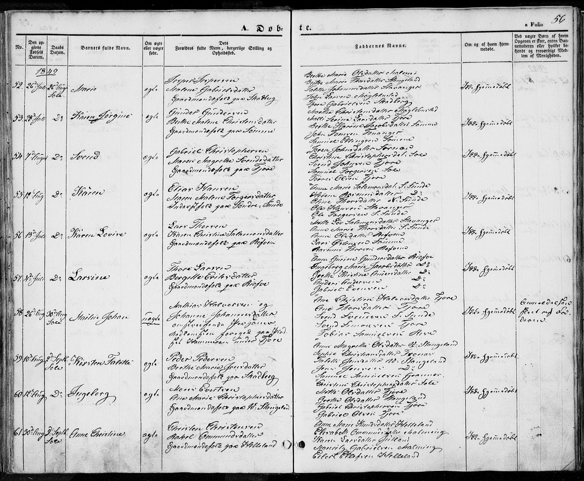 Håland sokneprestkontor, AV/SAST-A-101802/001/30BA/L0006: Ministerialbok nr. A 6, 1842-1853, s. 56