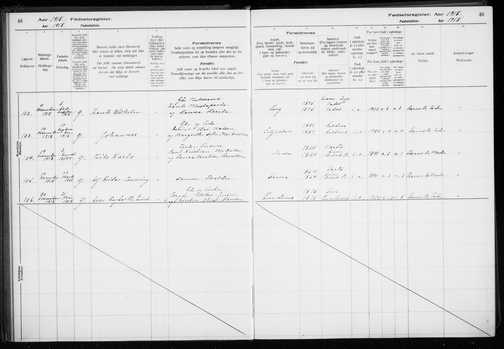 Trondenes sokneprestkontor, AV/SATØ-S-1319/I/Ia/L0089: Fødselsregister nr. 89, 1916-1925, s. 46