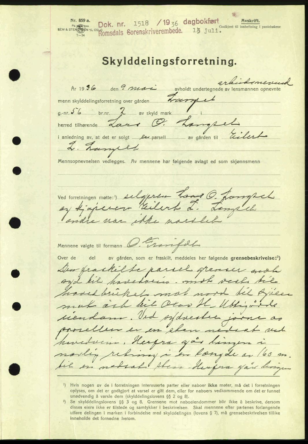 Romsdal sorenskriveri, SAT/A-4149/1/2/2C: Pantebok nr. A1, 1936-1936, Dagboknr: 1518/1936