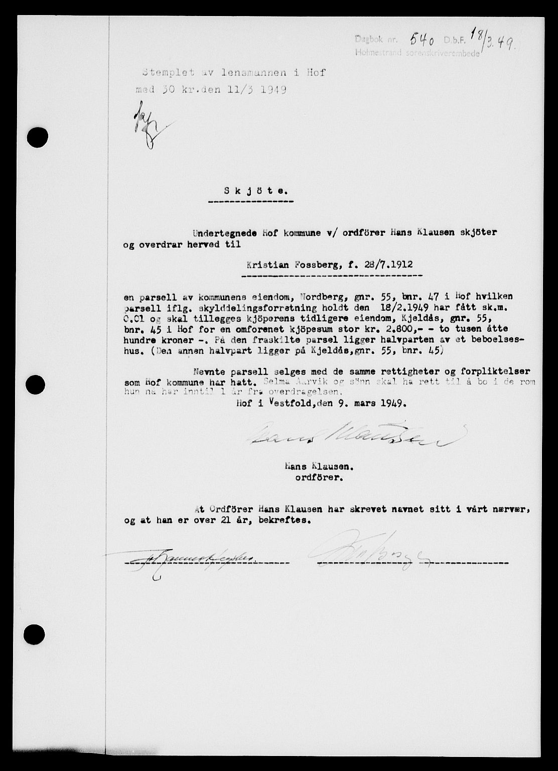 Holmestrand sorenskriveri, SAKO/A-67/G/Ga/Gaa/L0066: Pantebok nr. A-66, 1949-1949, Dagboknr: 540/1949