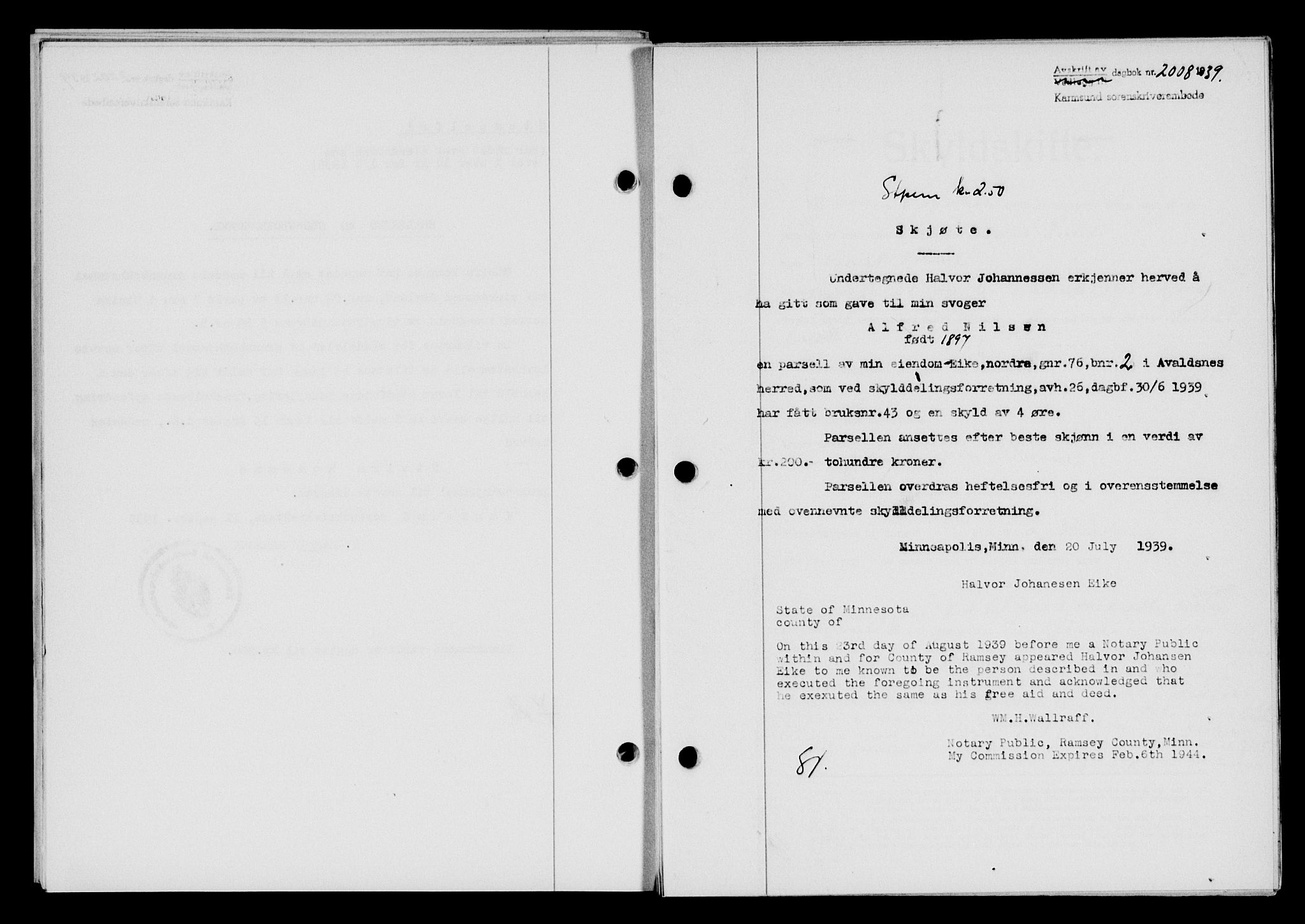 Karmsund sorenskriveri, SAST/A-100311/01/II/IIB/L0072: Pantebok nr. 53A, 1939-1940, Dagboknr: 2008/1939