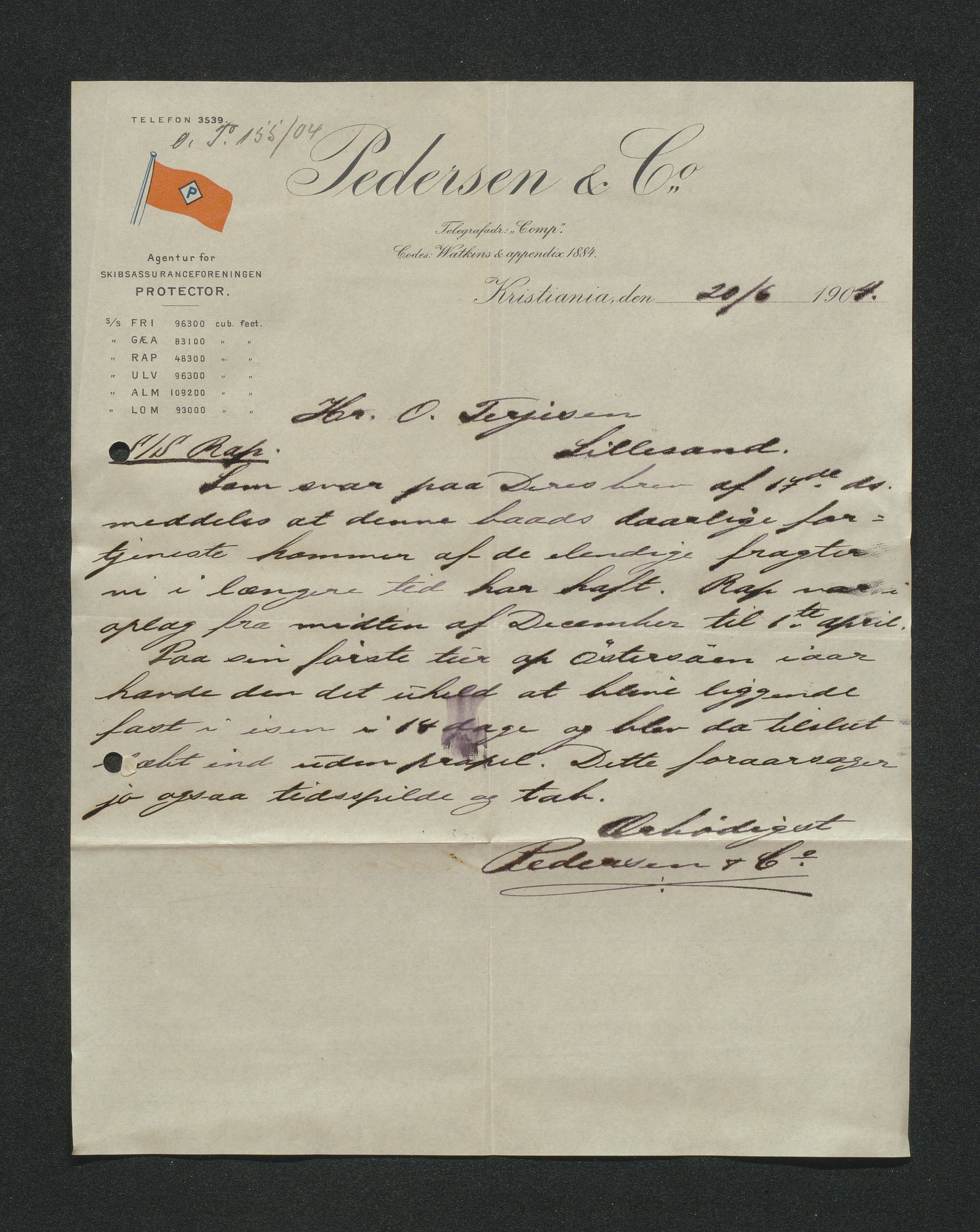 O. Terjesens rederi, AAKS/PA-2525/E/E01/L0013: Korrespondanse, 1904-1905