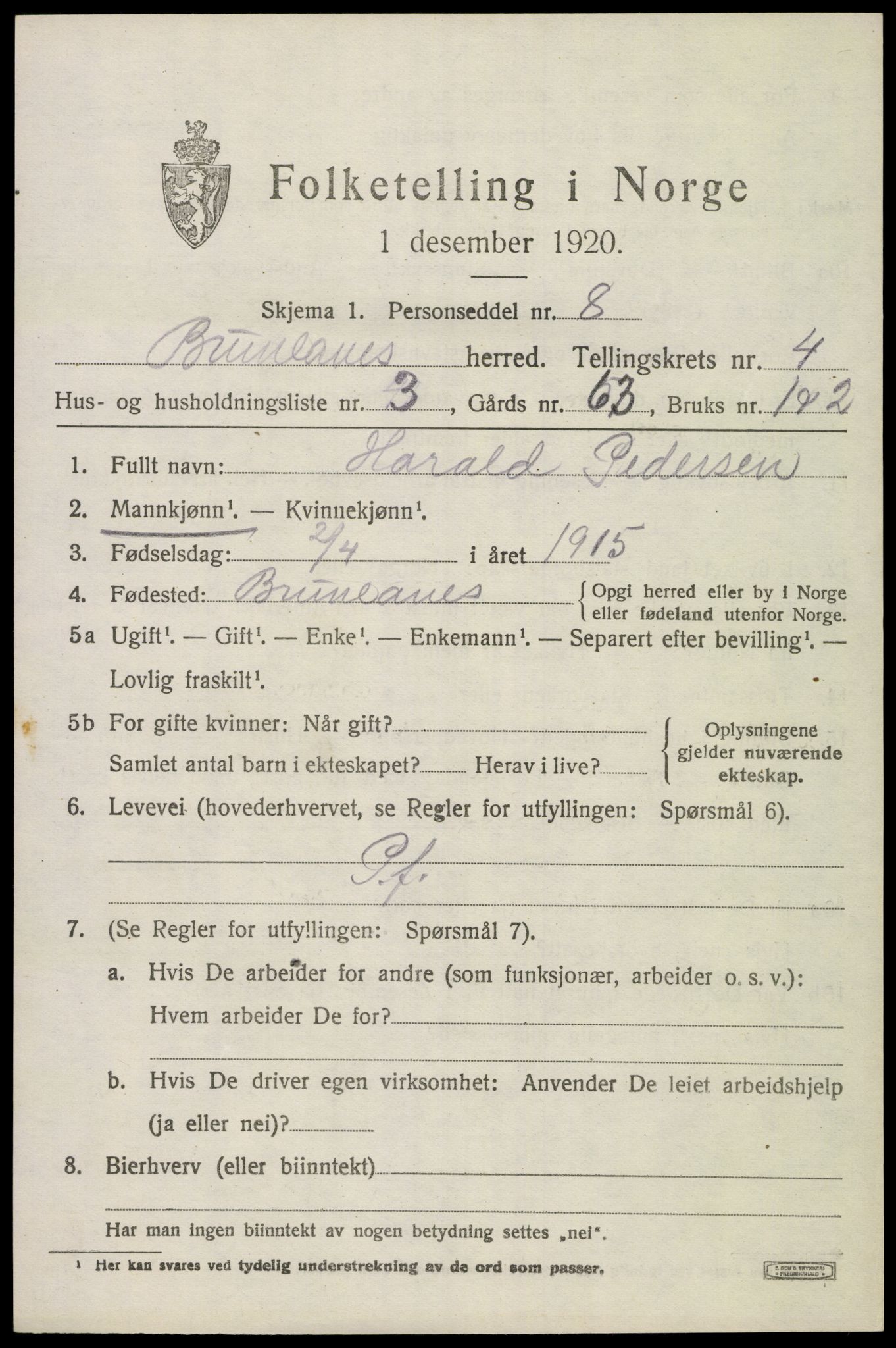 SAKO, Folketelling 1920 for 0726 Brunlanes herred, 1920, s. 6155