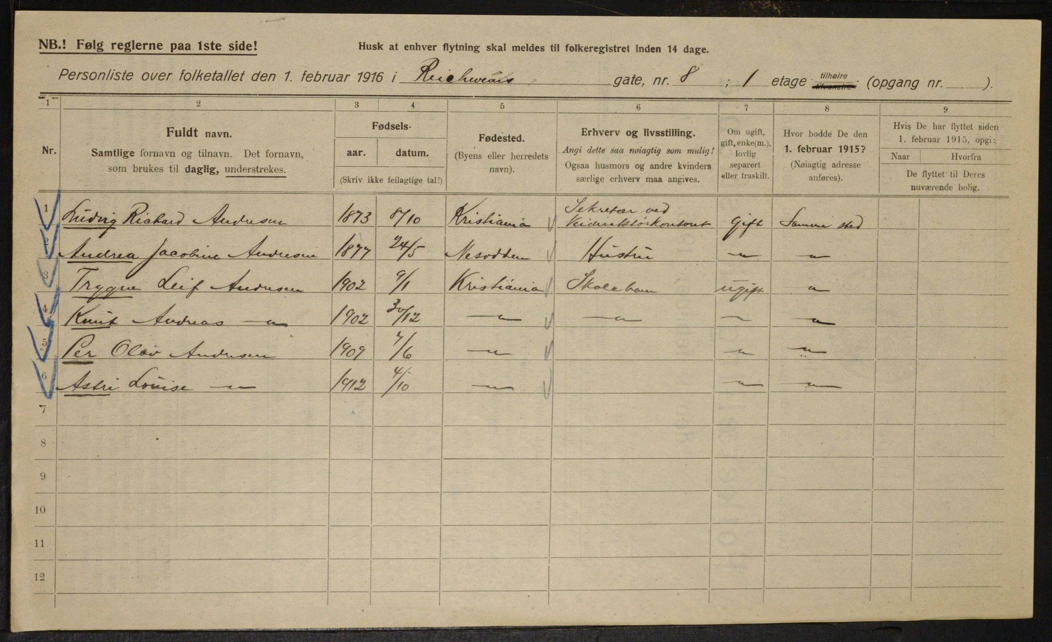 OBA, Kommunal folketelling 1.2.1916 for Kristiania, 1916, s. 84997