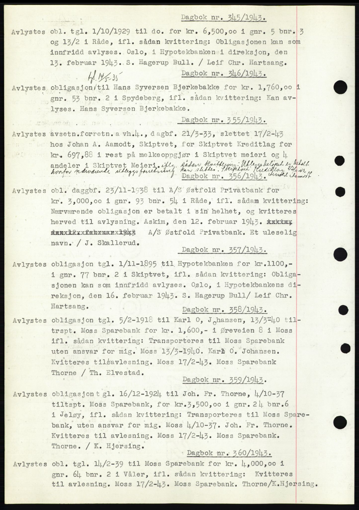 Moss sorenskriveri, SAO/A-10168: Pantebok nr. C10, 1938-1950, Dagboknr: 345/1943