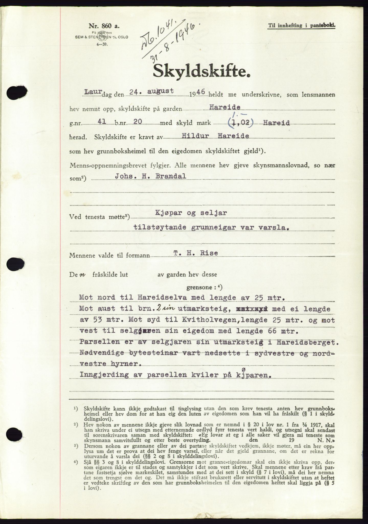 Søre Sunnmøre sorenskriveri, SAT/A-4122/1/2/2C/L0078: Pantebok nr. 4A, 1946-1946, Dagboknr: 1041/1946