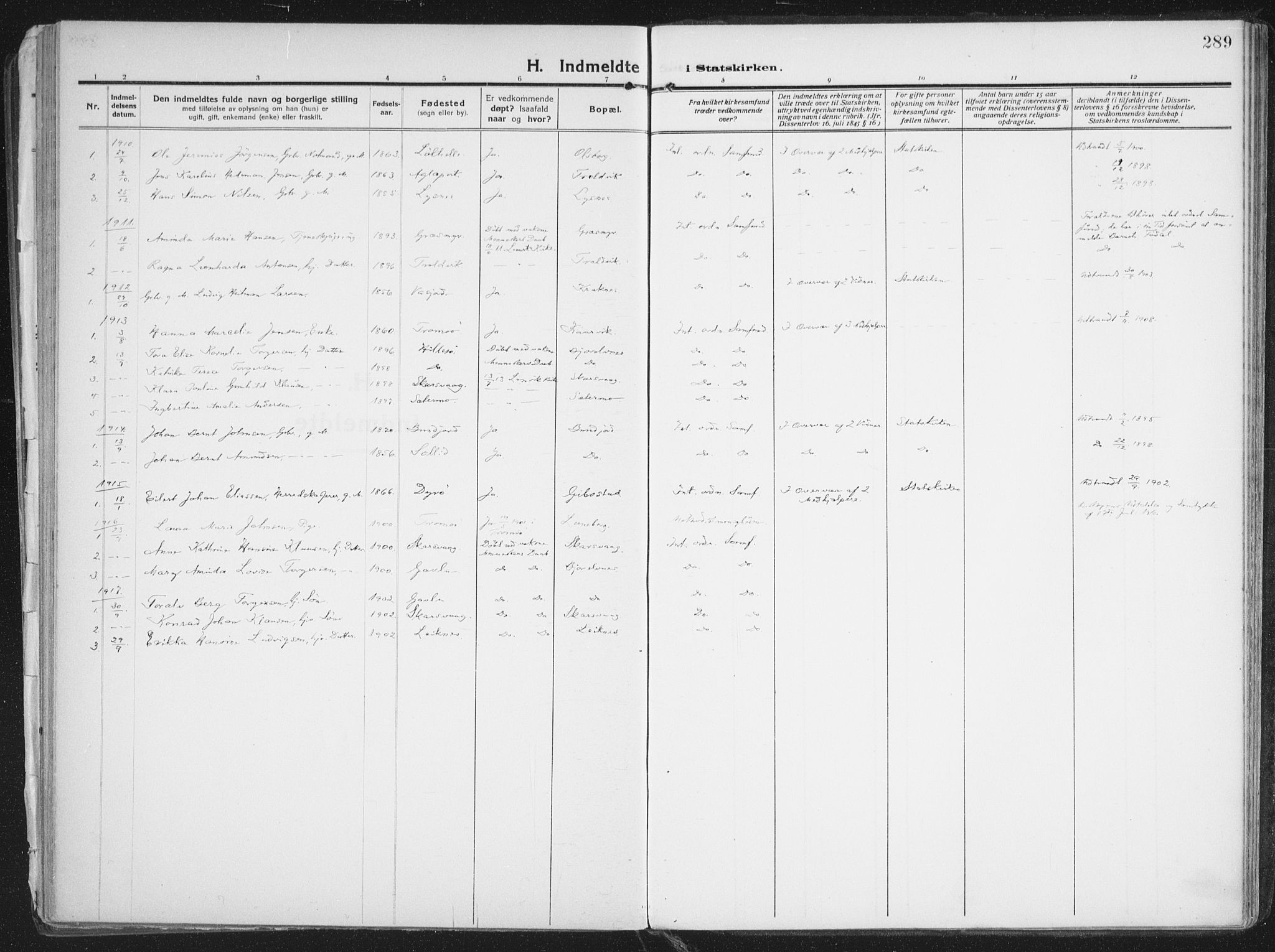 Lenvik sokneprestembete, SATØ/S-1310/H/Ha/Haa/L0016kirke: Ministerialbok nr. 16, 1910-1924, s. 289