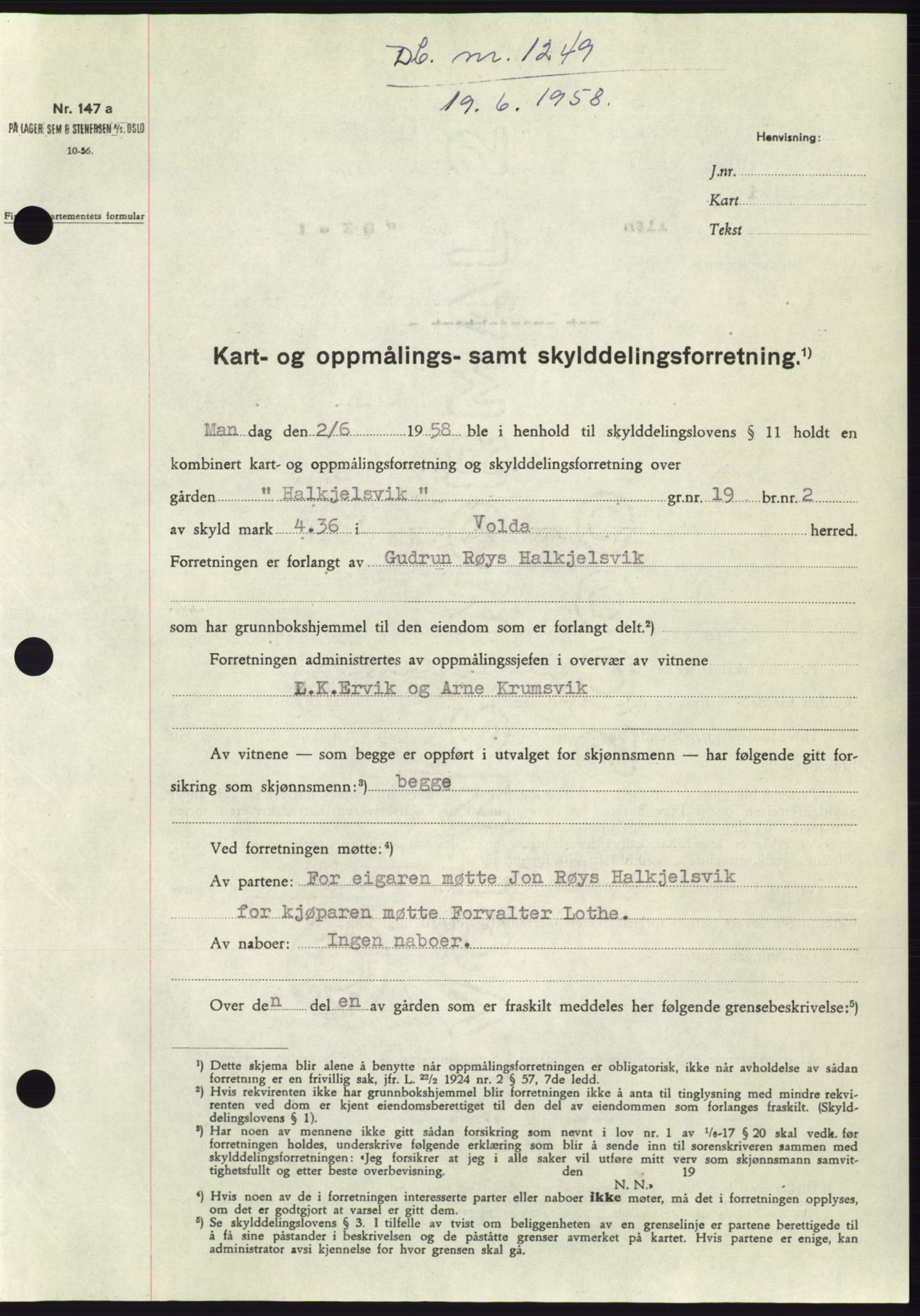Søre Sunnmøre sorenskriveri, SAT/A-4122/1/2/2C/L0109: Pantebok nr. 35A, 1958-1958, Dagboknr: 1249/1958