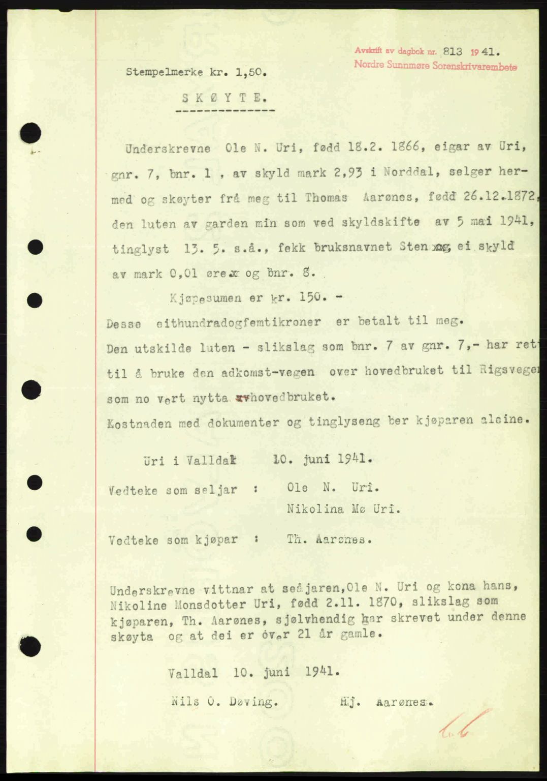 Nordre Sunnmøre sorenskriveri, AV/SAT-A-0006/1/2/2C/2Ca: Pantebok nr. A11, 1941-1941, Dagboknr: 813/1941