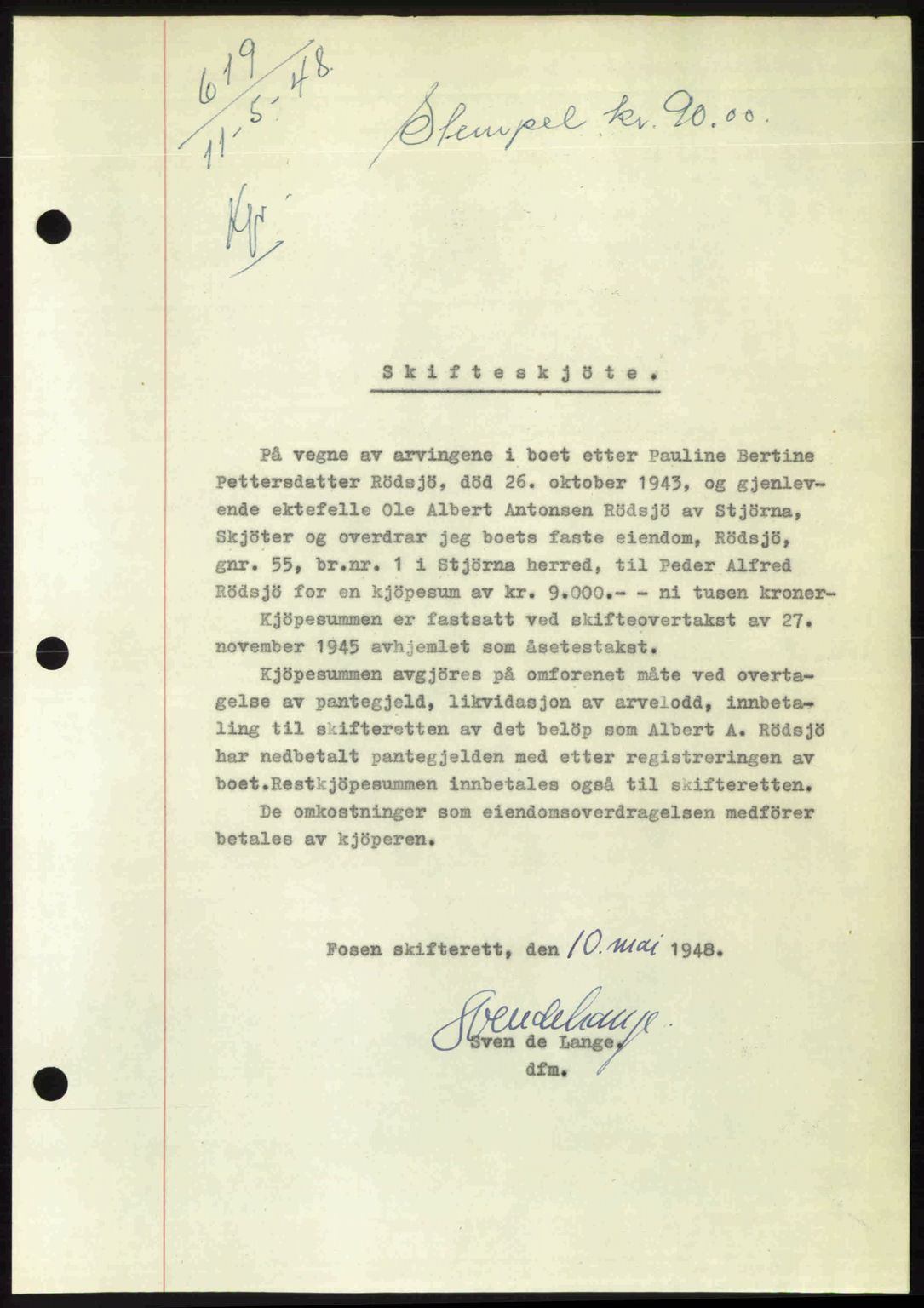 Fosen sorenskriveri, AV/SAT-A-1107/1/2/2C: Pantebok nr. A7-9, 1947-1949, Dagboknr: 619/1948