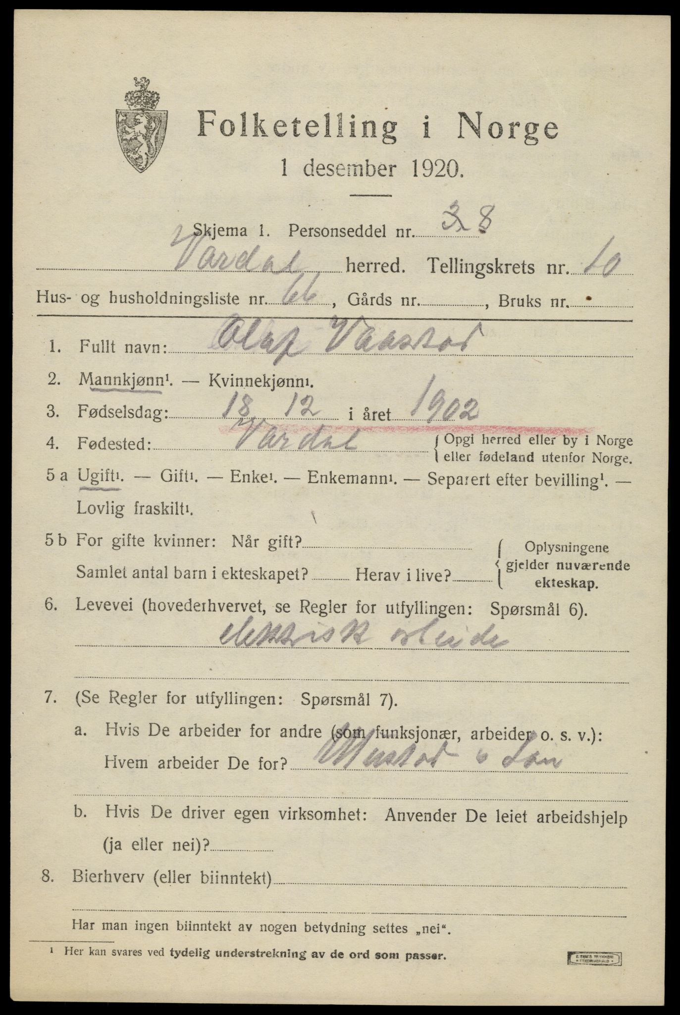 SAH, Folketelling 1920 for 0527 Vardal herred, 1920, s. 9607
