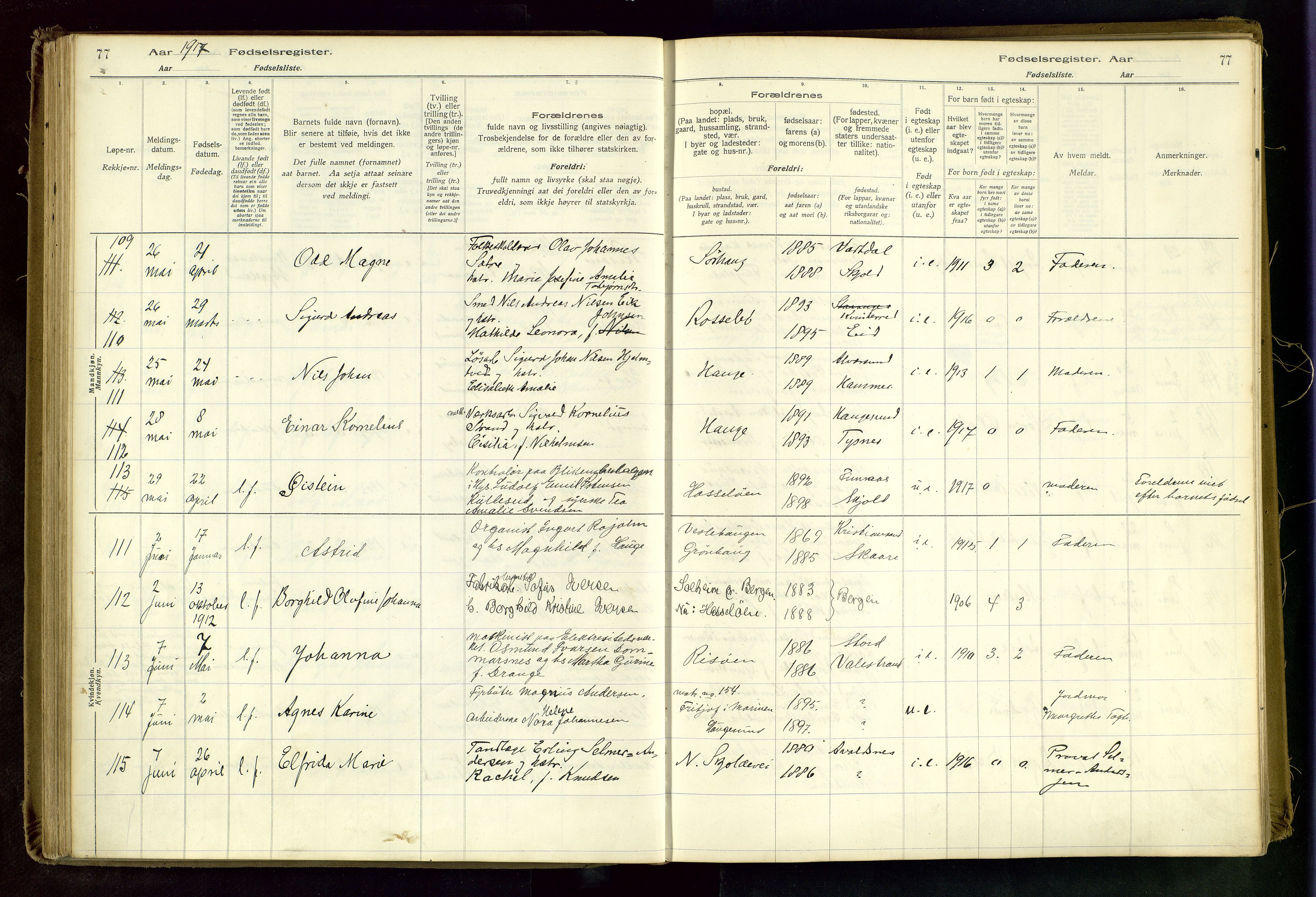 Haugesund sokneprestkontor, AV/SAST-A -101863/I/Id/L0003: Fødselsregister nr. 1, 1916-1919, s. 77