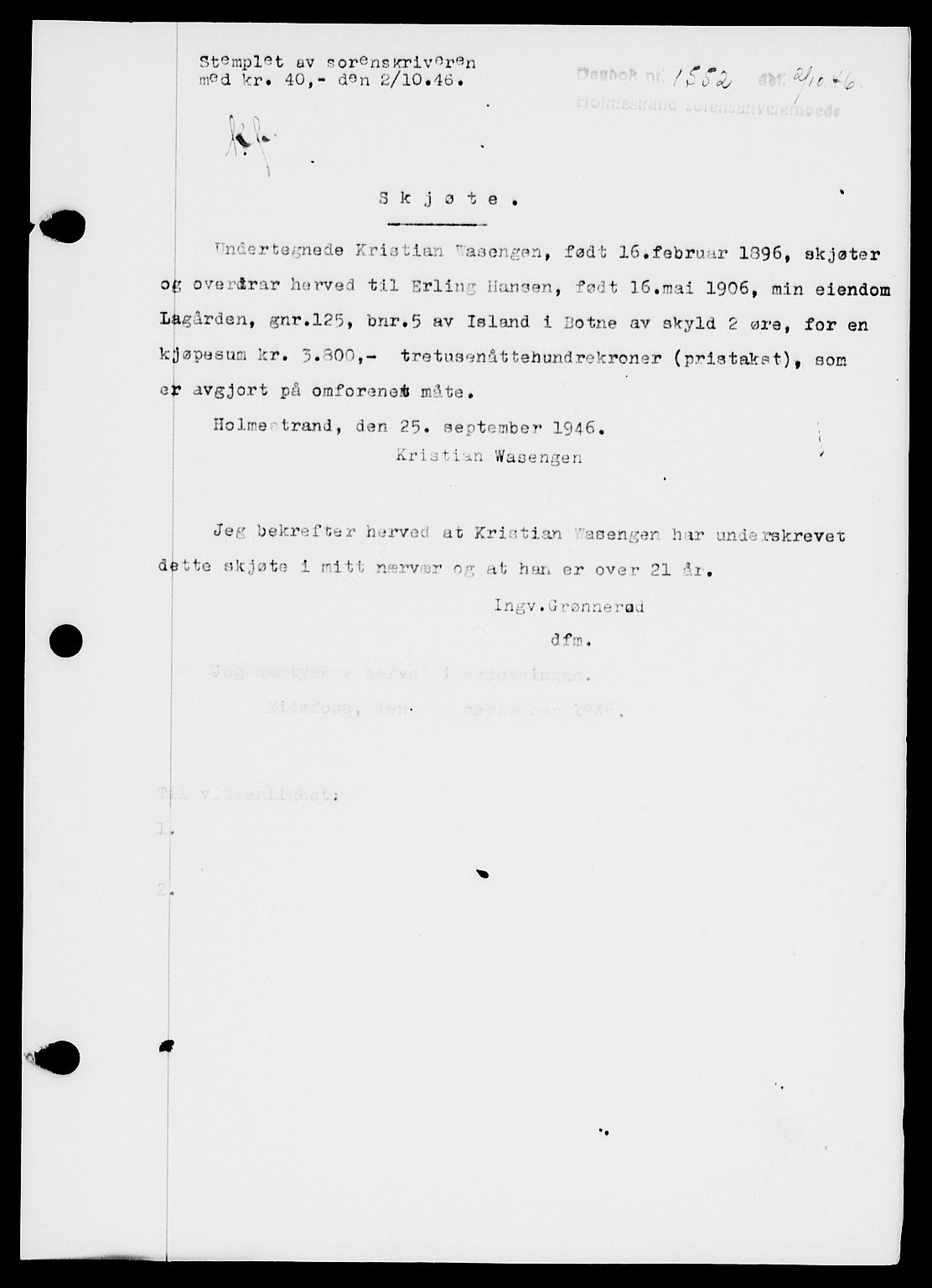 Holmestrand sorenskriveri, SAKO/A-67/G/Ga/Gaa/L0061: Pantebok nr. A-61, 1946-1947, Dagboknr: 1552/1946