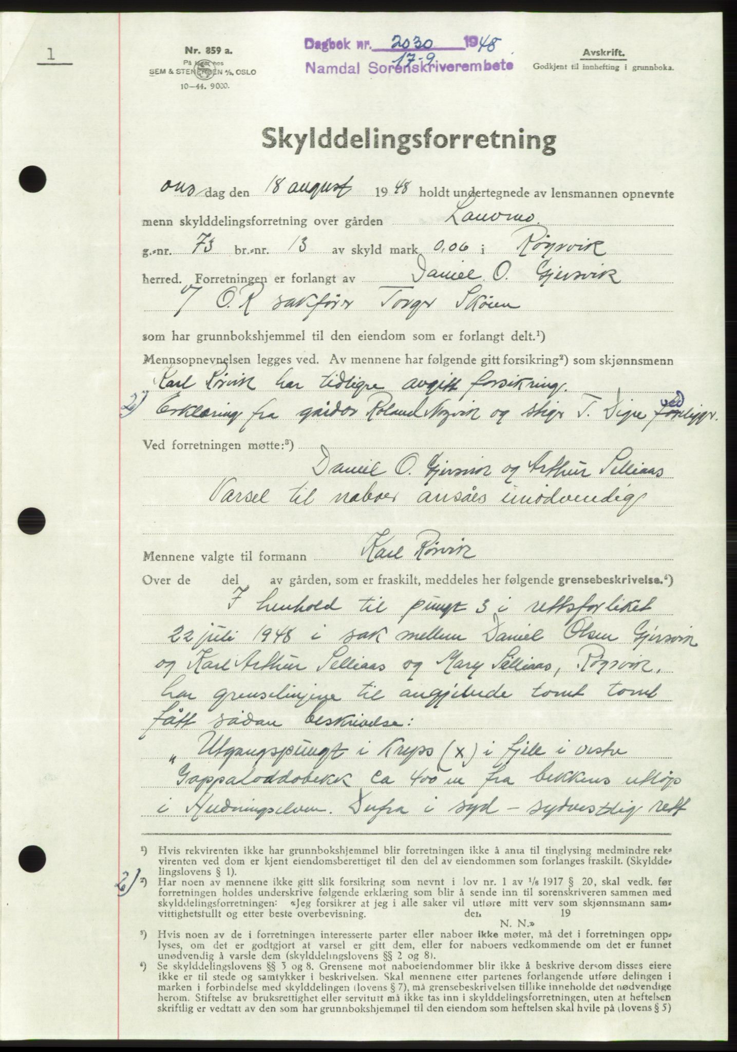 Namdal sorenskriveri, SAT/A-4133/1/2/2C: Pantebok nr. -, 1948-1948, Dagboknr: 2030/1948