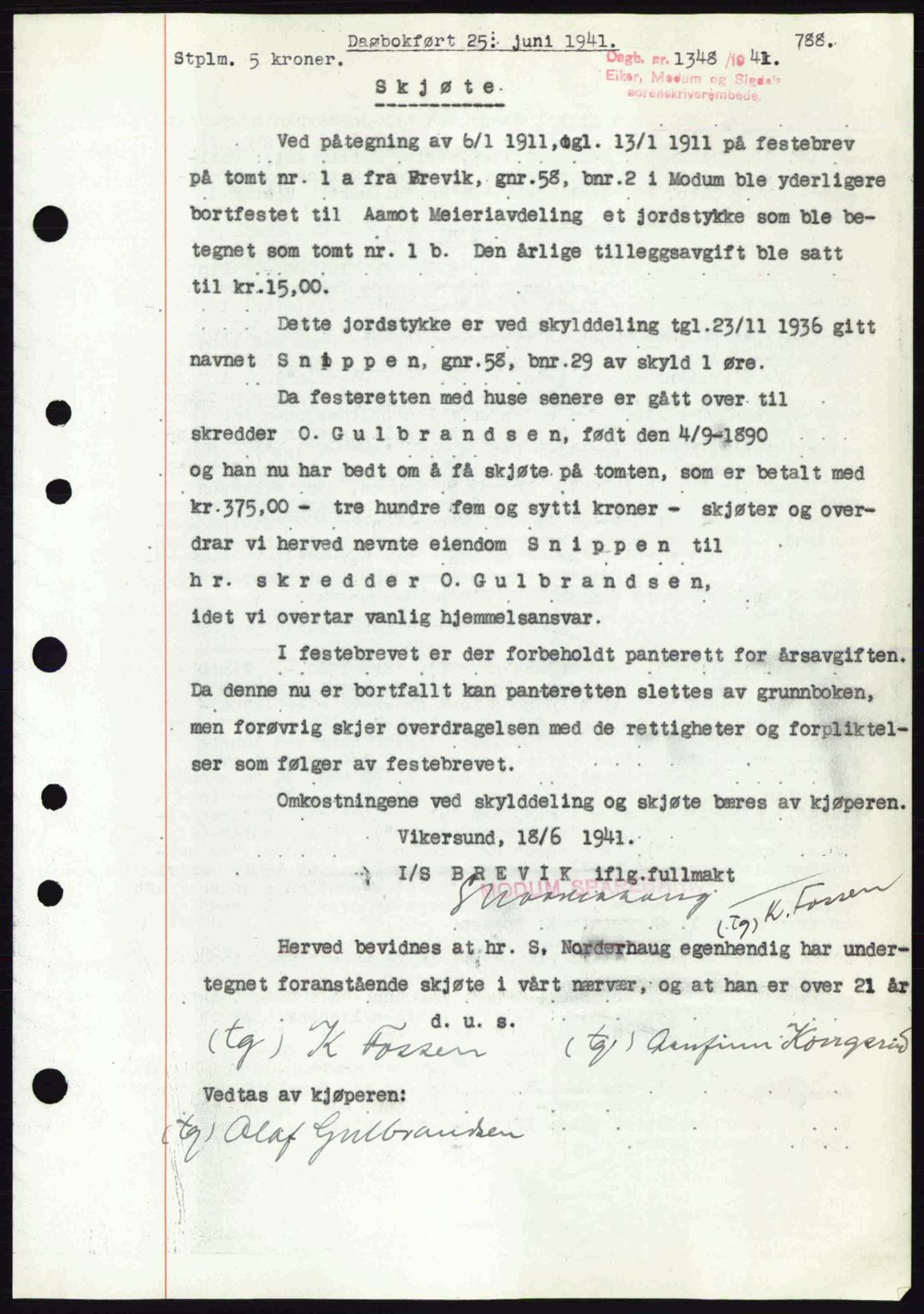 Eiker, Modum og Sigdal sorenskriveri, SAKO/A-123/G/Ga/Gab/L0043: Pantebok nr. A13, 1940-1941, Dagboknr: 1348/1941