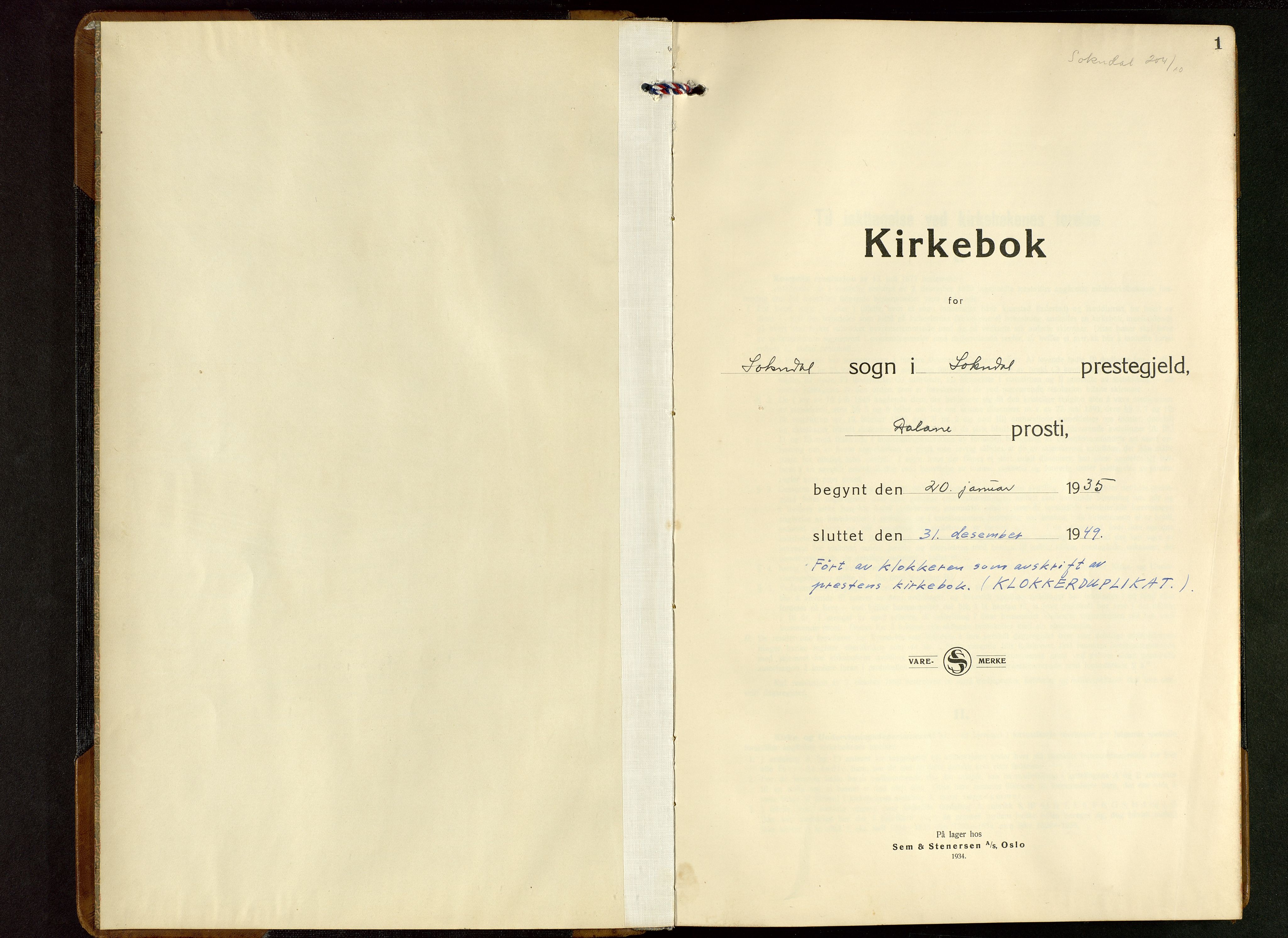 Sokndal sokneprestkontor, SAST/A-101808: Klokkerbok nr. B 9, 1935-1949, s. 1