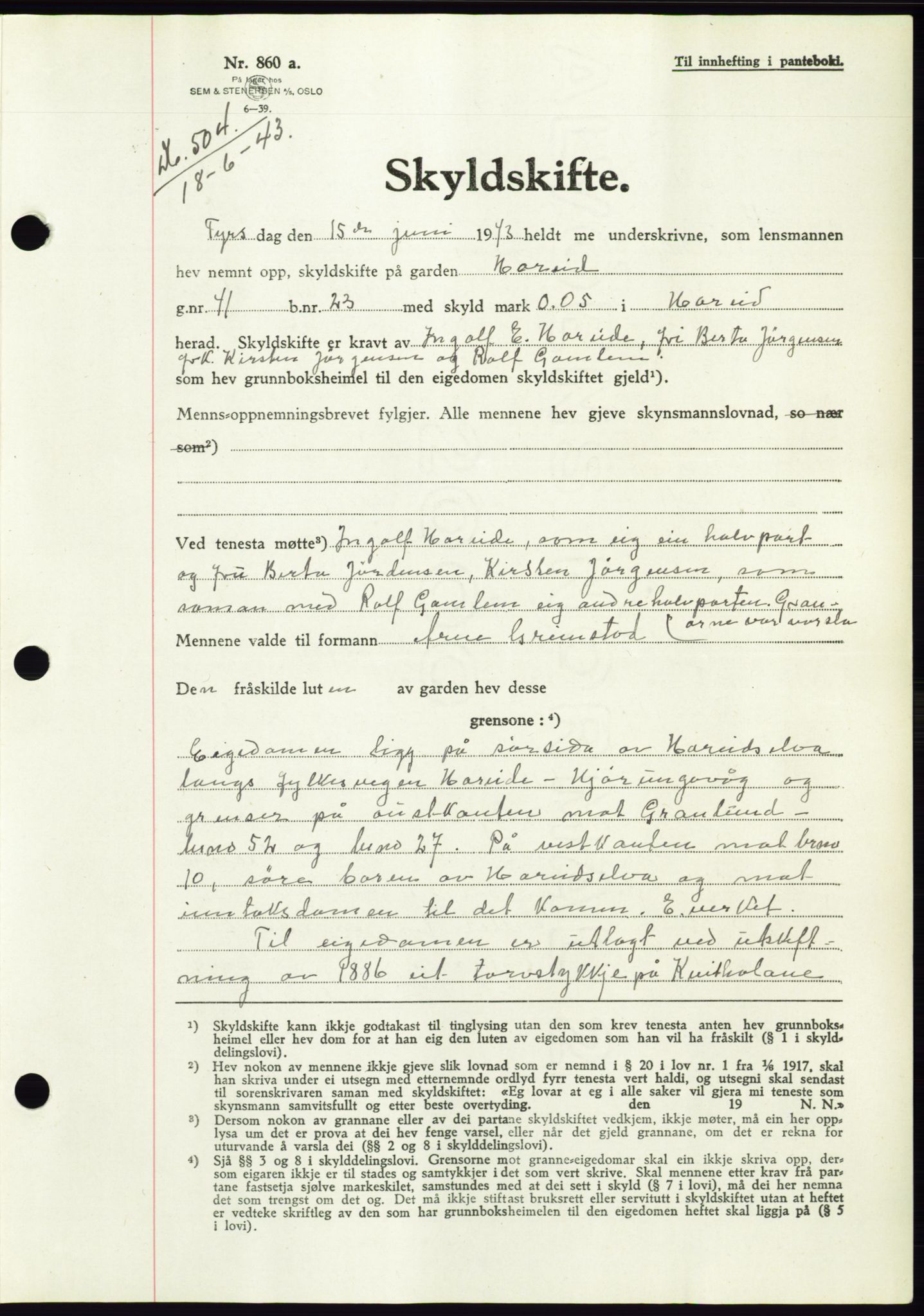 Søre Sunnmøre sorenskriveri, AV/SAT-A-4122/1/2/2C/L0075: Pantebok nr. 1A, 1943-1943, Dagboknr: 504/1943