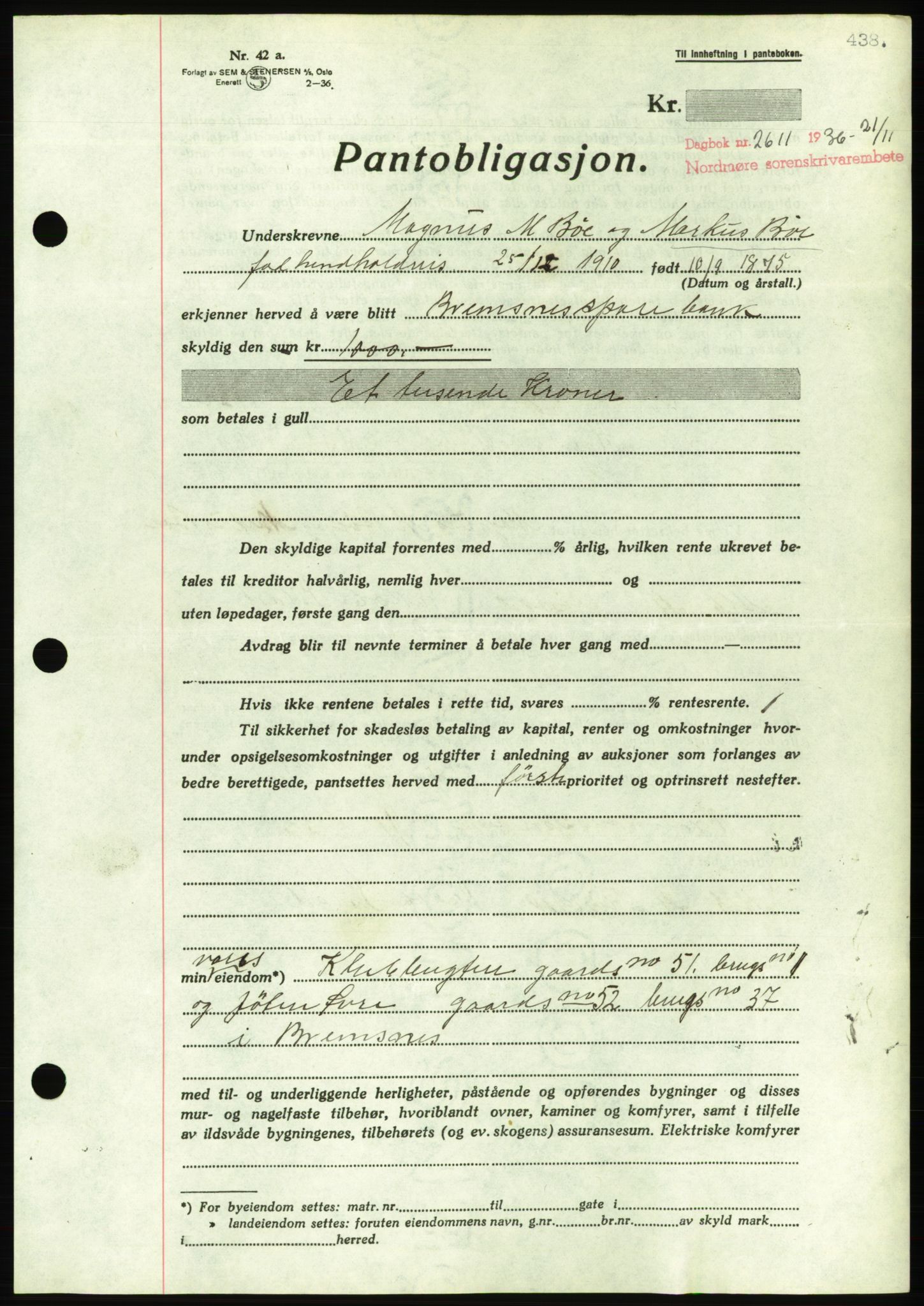 Nordmøre sorenskriveri, AV/SAT-A-4132/1/2/2Ca/L0090: Pantebok nr. B80, 1936-1937, Dagboknr: 2611/1936