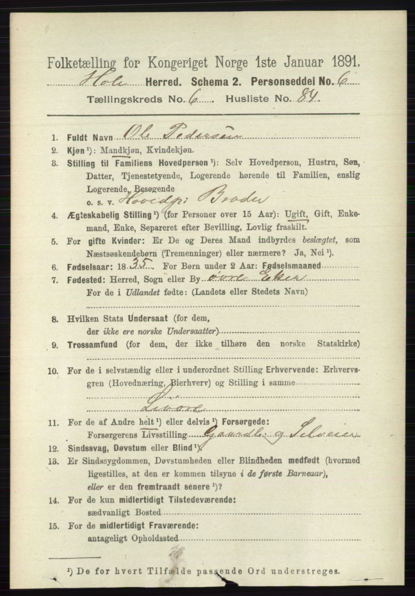 RA, Folketelling 1891 for 0612 Hole herred, 1891, s. 3645