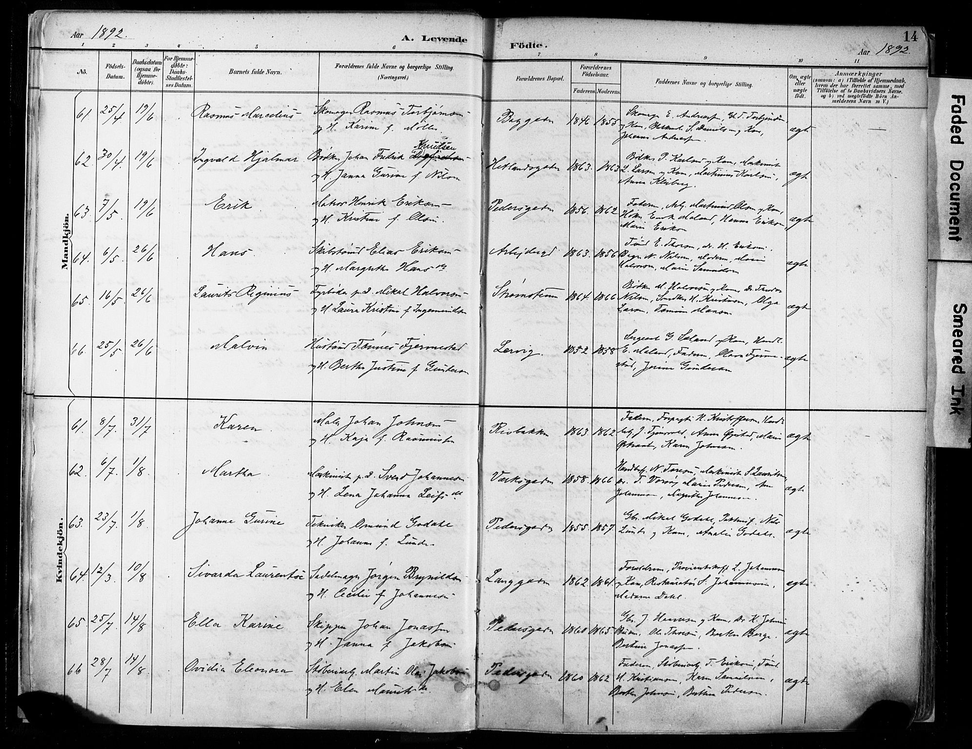 St. Johannes sokneprestkontor, AV/SAST-A-101814/001/30/30BA/L0004: Ministerialbok nr. A 4, 1891-1899, s. 14