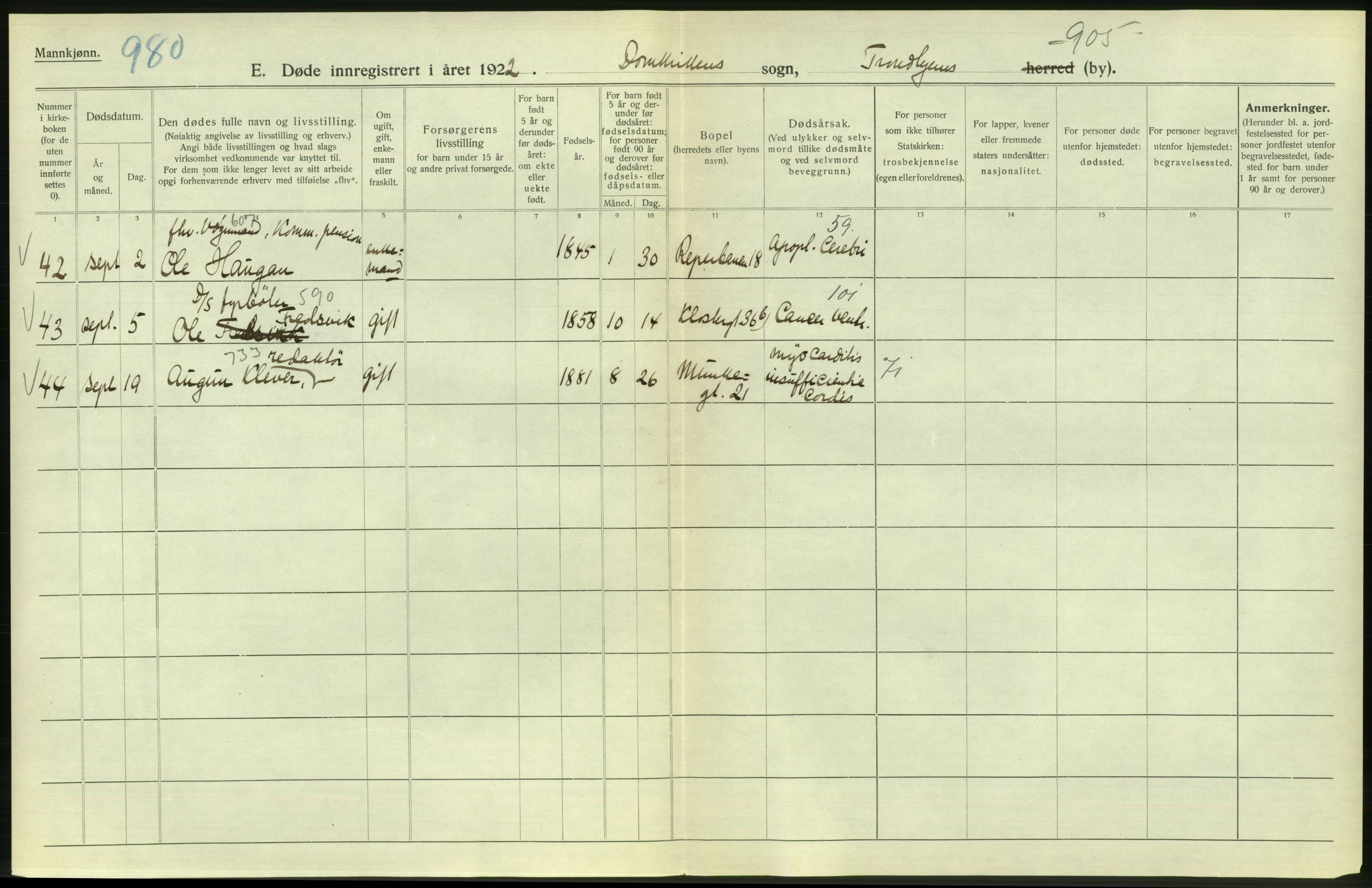 Statistisk sentralbyrå, Sosiodemografiske emner, Befolkning, AV/RA-S-2228/D/Df/Dfc/Dfcb/L0040: Trondheim: Gifte, døde, dødfødte., 1922, s. 362