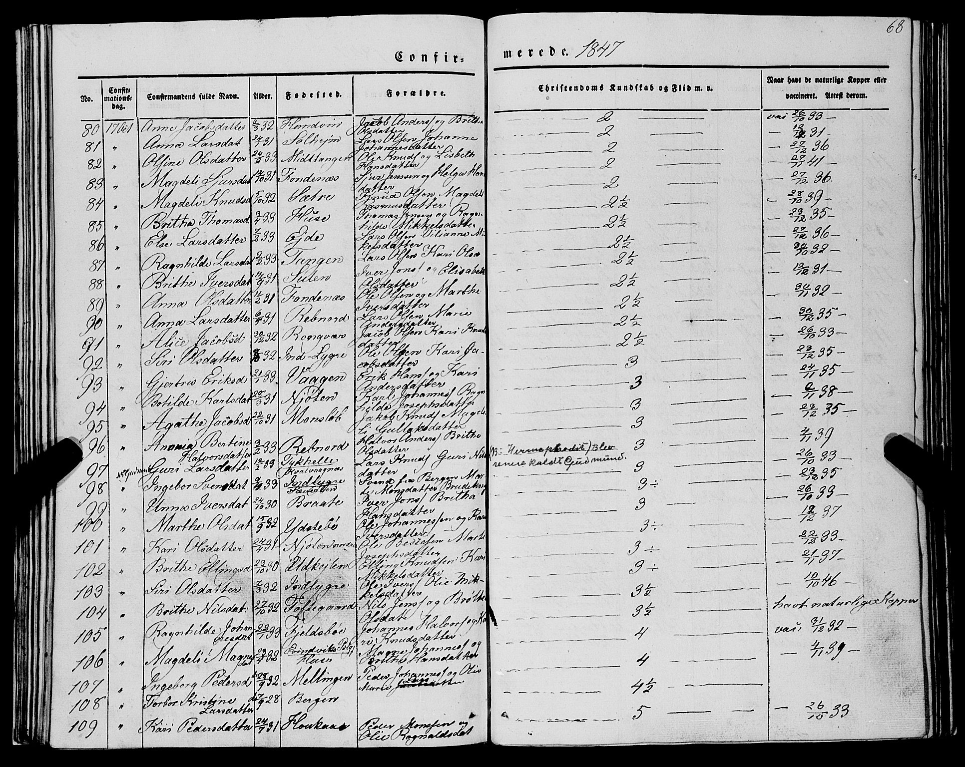 Lindås Sokneprestembete, AV/SAB-A-76701/H/Haa/Haaa/L0012: Ministerialbok nr. A 12, 1836-1848, s. 68