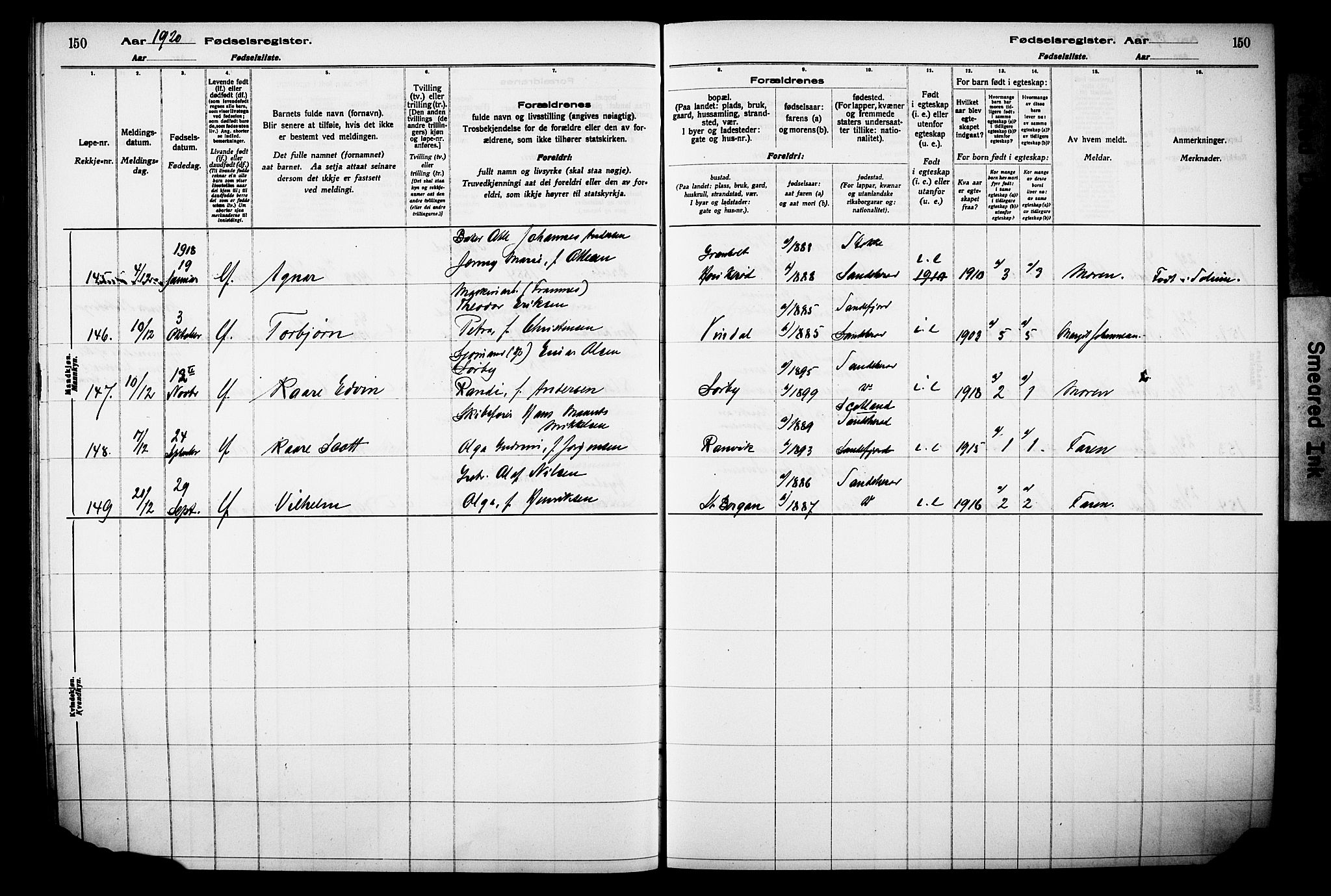 Sandar kirkebøker, AV/SAKO-A-243/J/Ja/L0001: Fødselsregister nr. 1, 1916-1922, s. 150