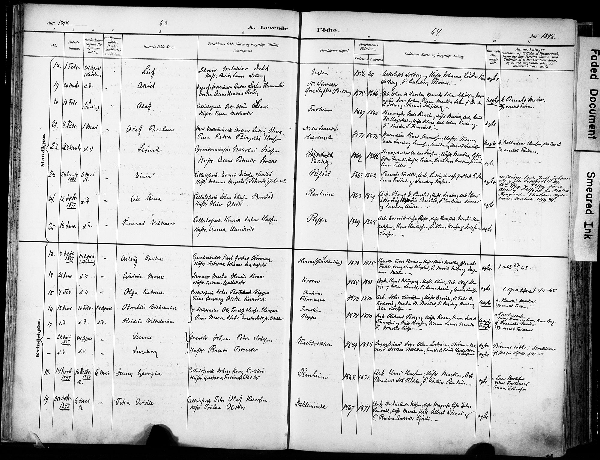 Ministerialprotokoller, klokkerbøker og fødselsregistre - Sør-Trøndelag, AV/SAT-A-1456/606/L0301: Ministerialbok nr. 606A16, 1894-1907, s. 63-64