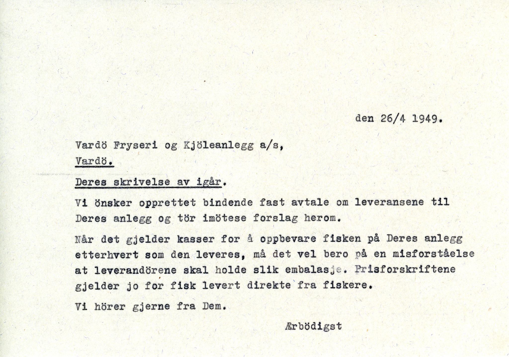 Vardø Fiskersamvirkelag, VAMU/A-0037/D/Da/L0008: Korrespondanse Tr-År, 1947-1950