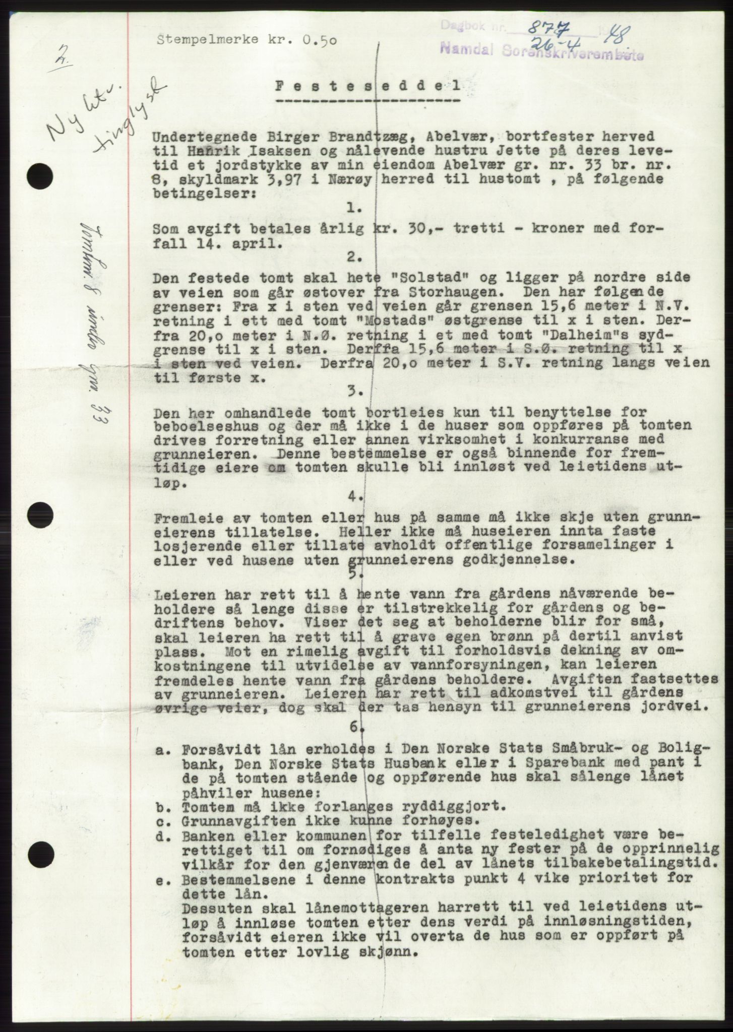 Namdal sorenskriveri, SAT/A-4133/1/2/2C: Pantebok nr. -, 1947-1948, Dagboknr: 877/1948