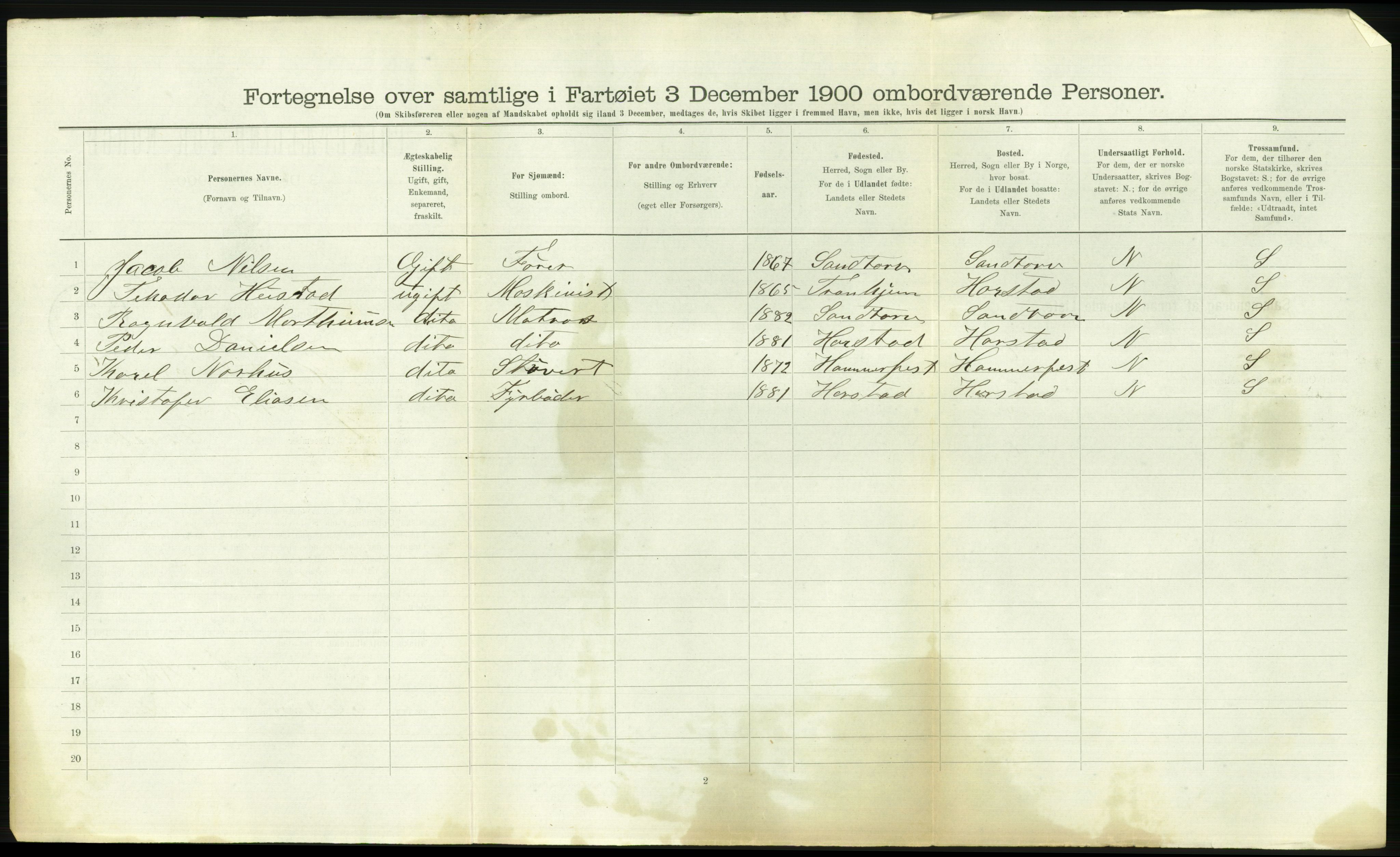 RA, Folketelling 1900 - skipslister med personlister for skip i norske havner, utenlandske havner og til havs, 1900, s. 2664