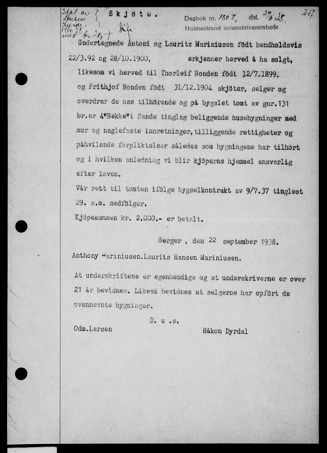 Holmestrand sorenskriveri, SAKO/A-67/G/Ga/Gaa/L0050: Pantebok nr. A-50, 1938-1939, Dagboknr: 1807/1938