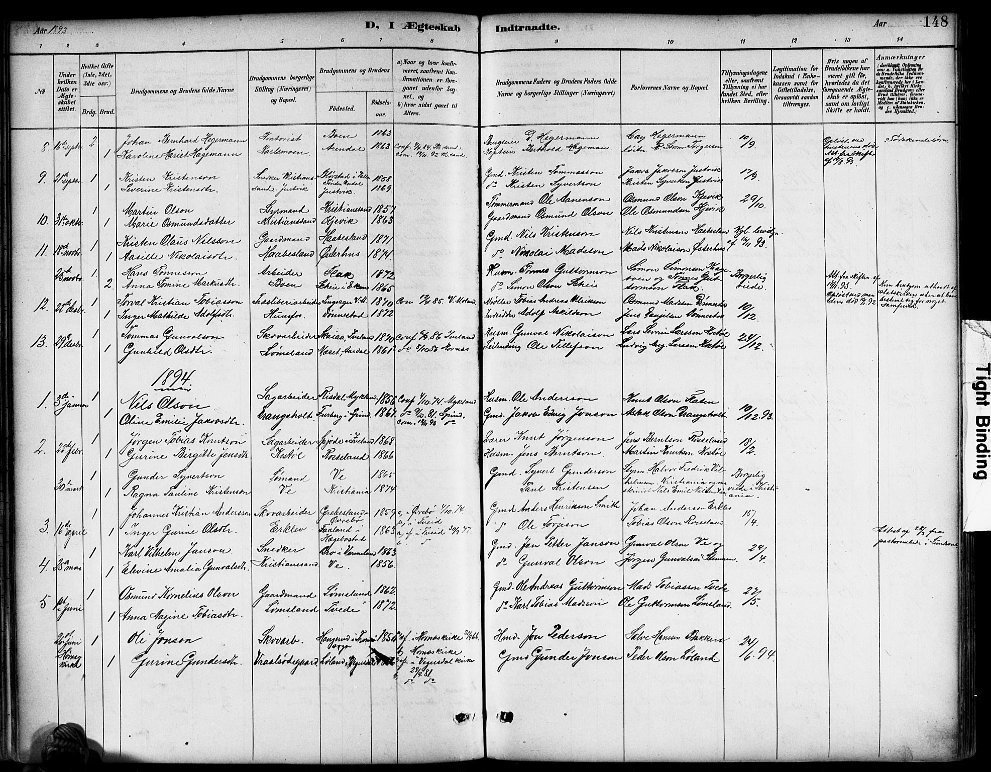 Tveit sokneprestkontor, AV/SAK-1111-0043/F/Fb/L0004: Klokkerbok nr. B 4, 1887-1914, s. 148