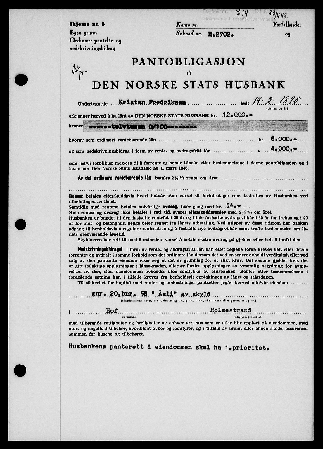 Holmestrand sorenskriveri, SAKO/A-67/G/Ga/Gab/L0058: Pantebok nr. B-58, 1947-1948, Dagboknr: 714/1948