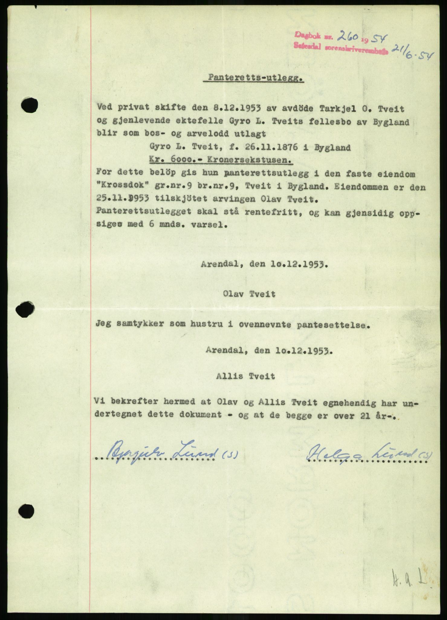 Setesdal sorenskriveri, SAK/1221-0011/G/Gb/L0052: Pantebok nr. B 40, 1954-1955, Dagboknr: 260/1954