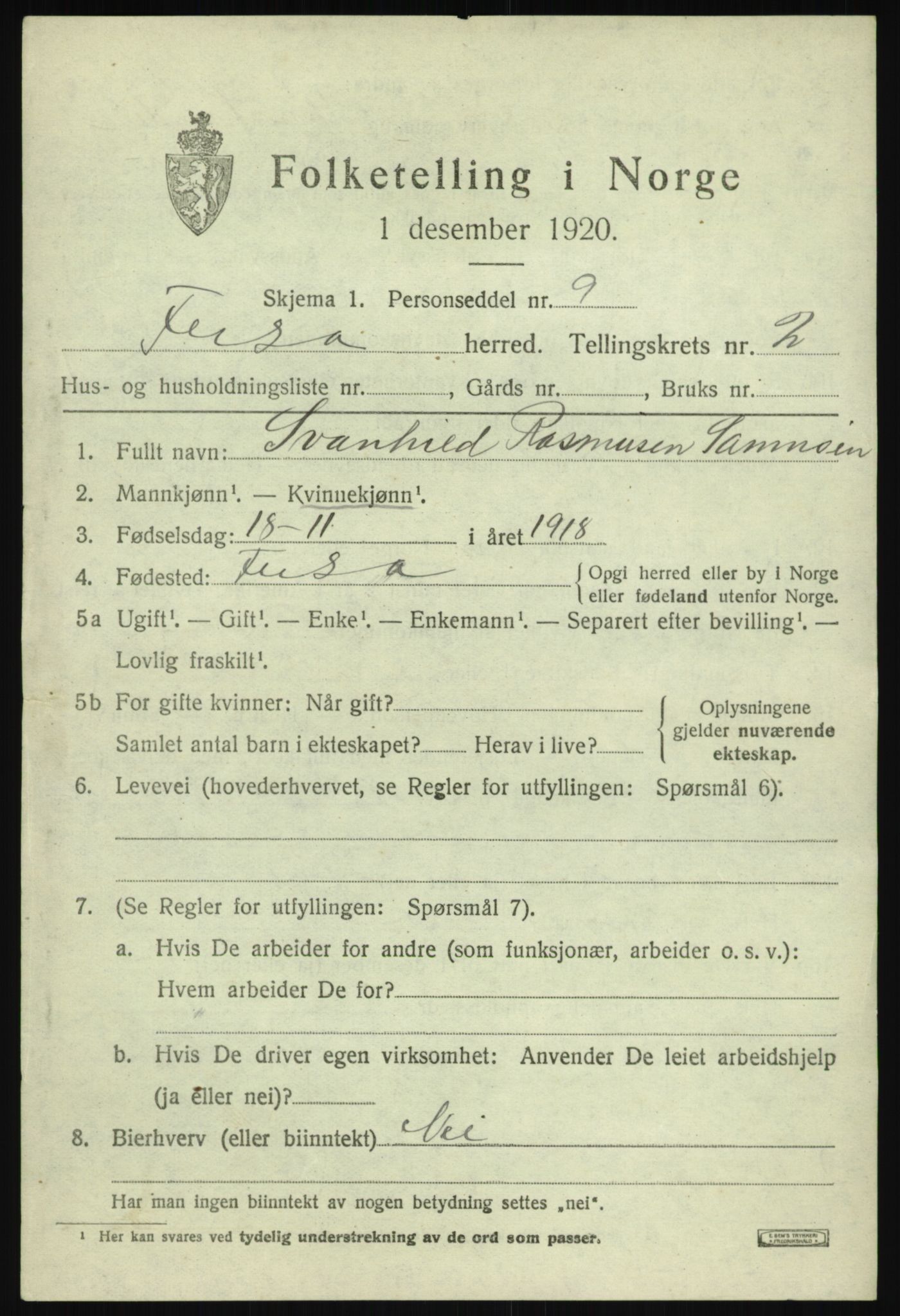 SAB, Folketelling 1920 for 1241 Fusa herred, 1920, s. 1295