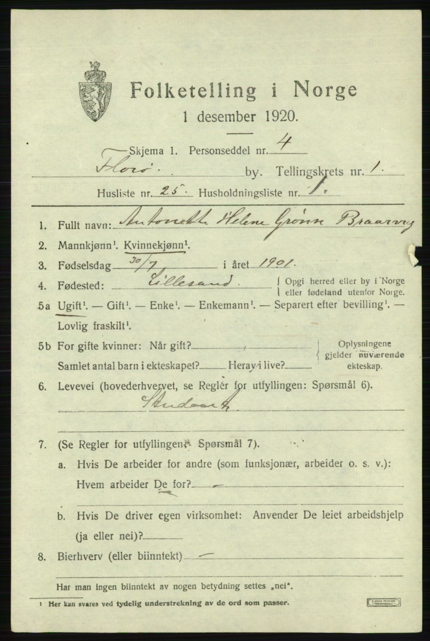 SAB, Folketelling 1920 for 1401 Florø ladested, 1920, s. 1588