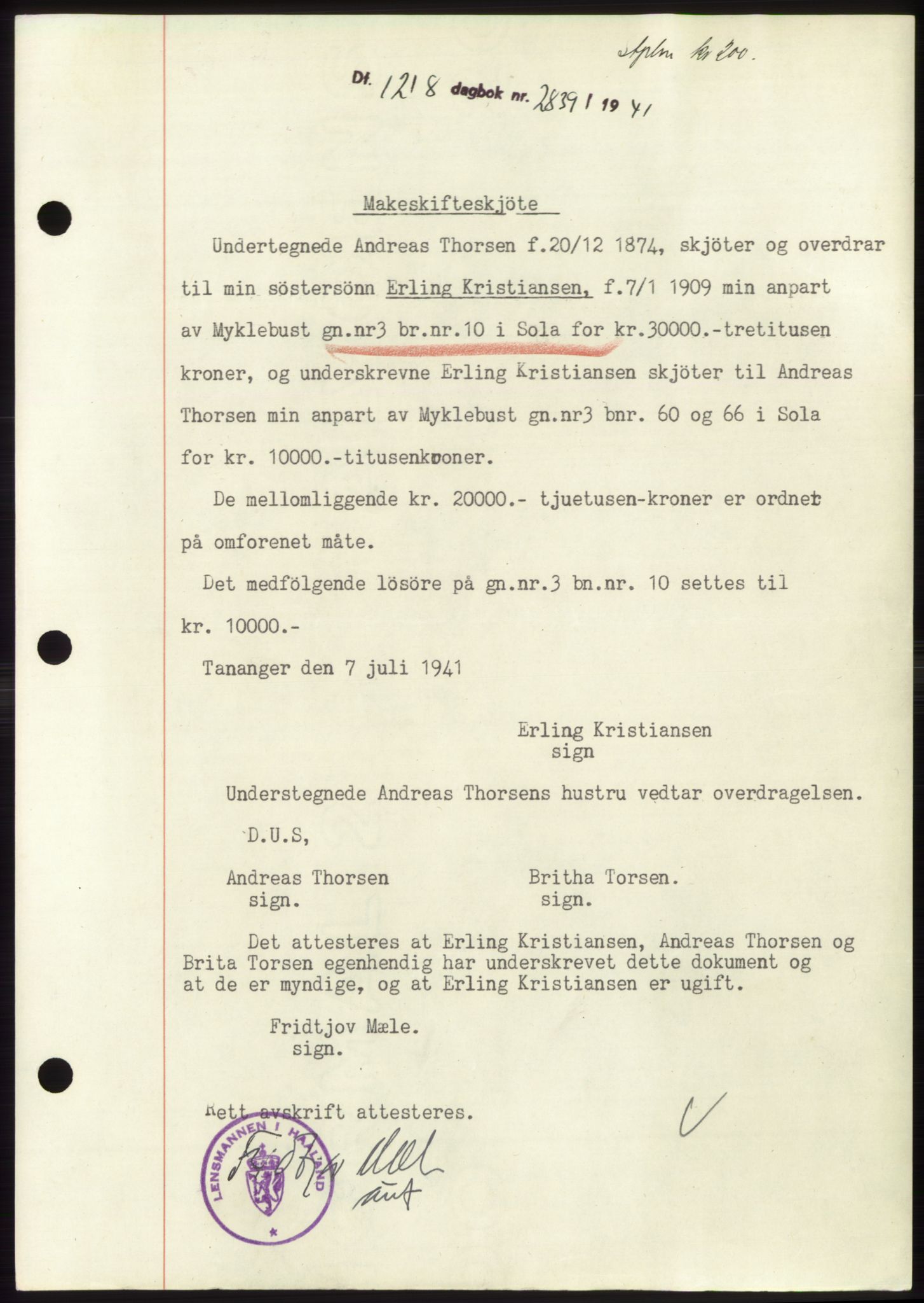 Jæren sorenskriveri, SAST/A-100310/03/G/Gba/L0080: Pantebok, 1941-1941, Dagboknr: 2839/1941