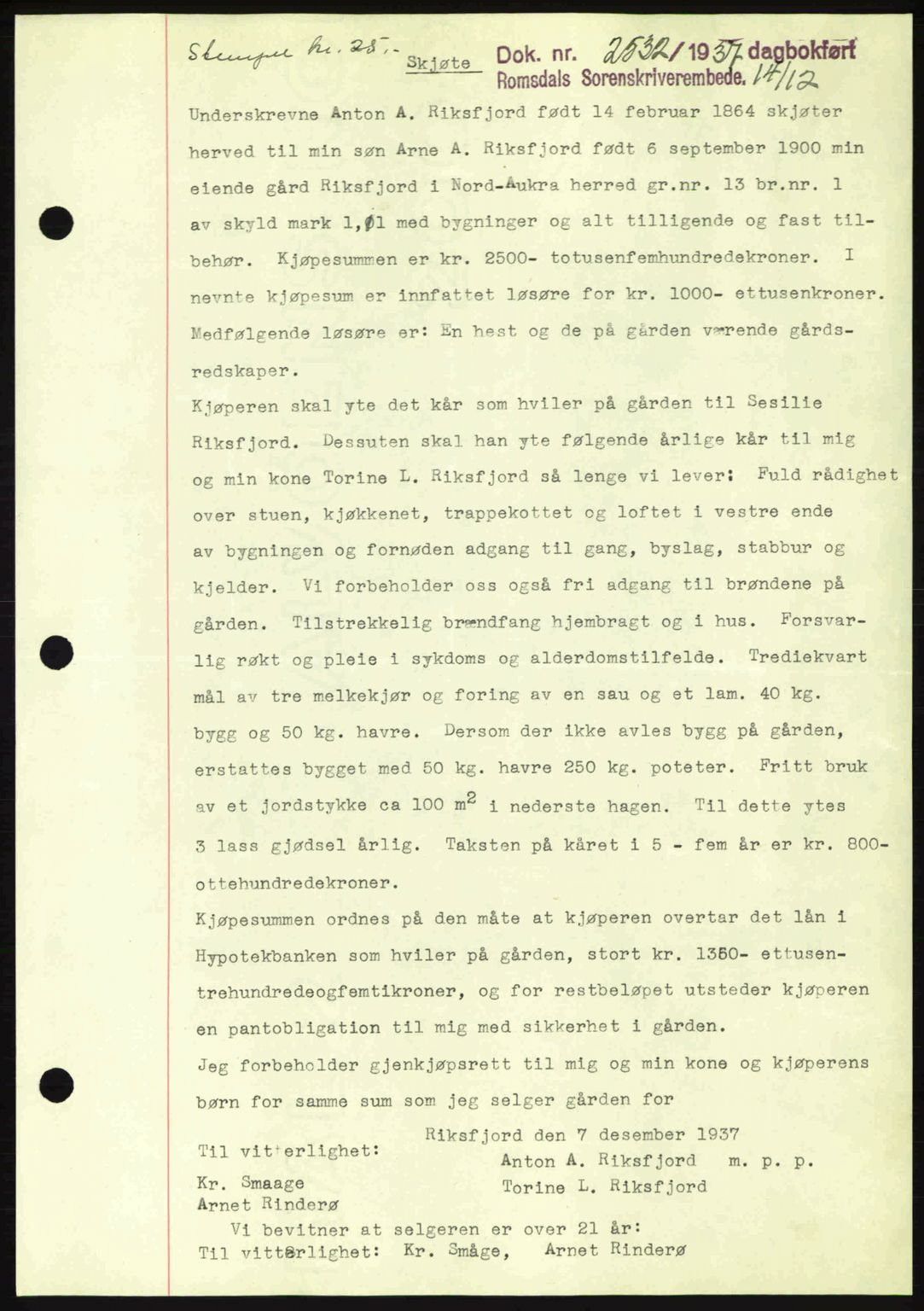 Romsdal sorenskriveri, SAT/A-4149/1/2/2C: Pantebok nr. A4, 1937-1938, Dagboknr: 2532/1937