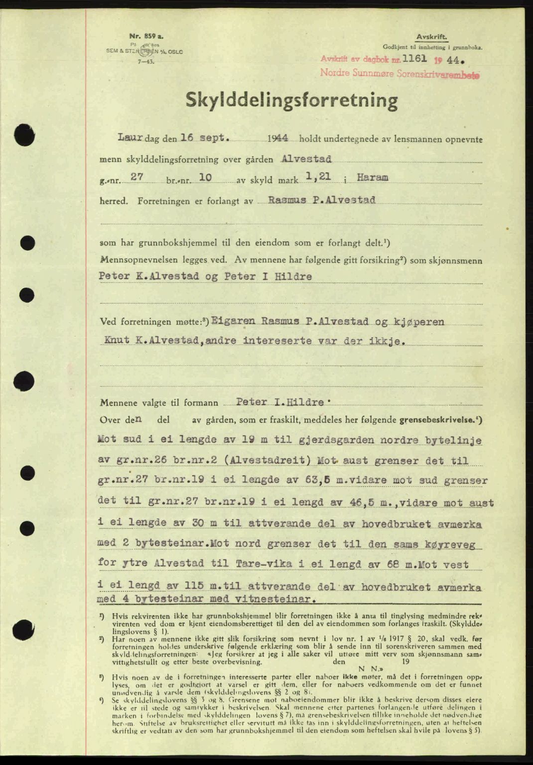 Nordre Sunnmøre sorenskriveri, SAT/A-0006/1/2/2C/2Ca: Pantebok nr. A18, 1944-1944, Dagboknr: 1161/1944