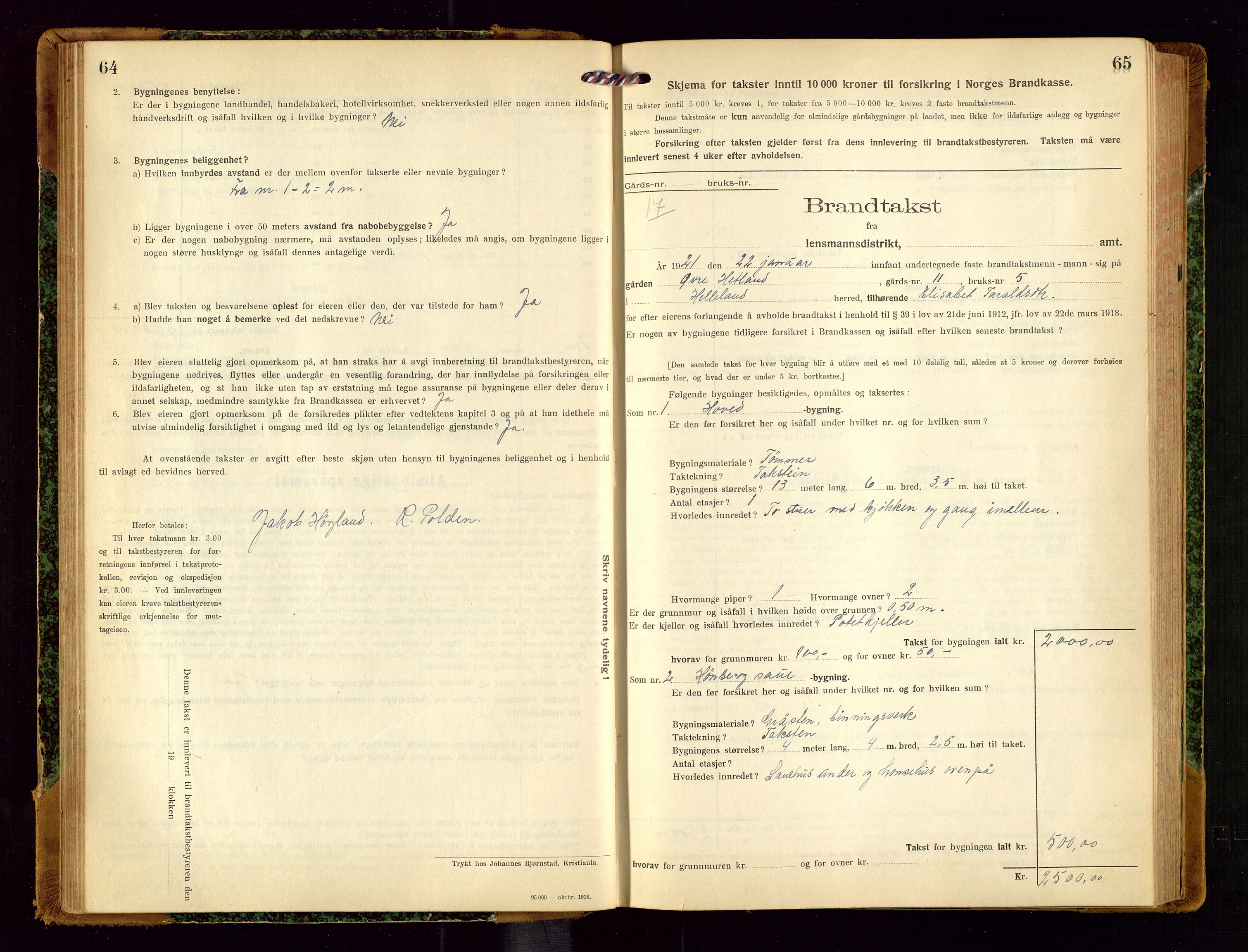 Helleland lensmannskontor, AV/SAST-A-100209/Gob/L0002: "Brandtakstprotokoll", 1921-1930, s. 64-65